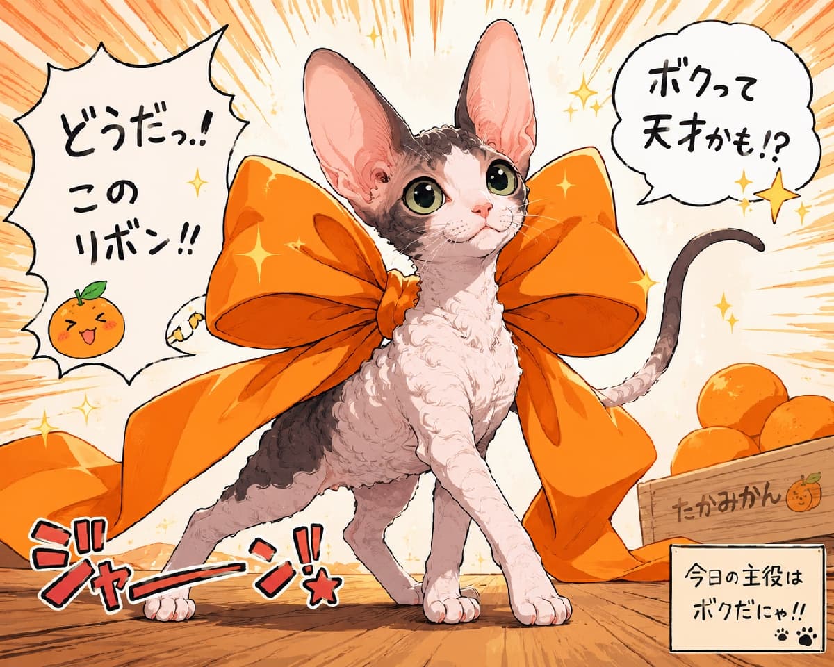 「特大リボンでキメっ🎀✨ 大きなお耳とクルクル毛並みがチャームポイントの、今日のヒーロー参上だにゃ🐾🦸‍♂️」High-quality dynamic manga-style illustration showing a confident tiny Cornish Rex kitten, distinguished by its large ears and wavy coat, wearing a giant orange ribbon. The energetic scene is amplified by action lines, pop-up text bubbles in Japanese, and a rustic mikan box in the background. 大きな耳とウェーブがかった短い被毛が特徴の小さなコーニッシュレックスの子猫が、体よりも大きなオレンジ色のリボンを背負ってドヤ顔を決めるコミック風のイラスト。「どうだぁ！このリボン！！」といったコミカルな日本語の吹き出しや集中線が、みかん箱が置かれた背景と共に、元気で勢いのある情景を作り出しています