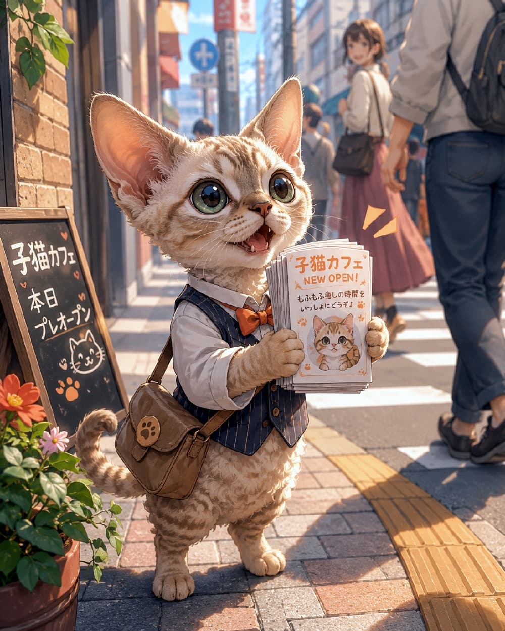 「「もふもふの癒やし時間をいっしょにどうぞ♪」チラシを配る一生懸命な店員さんにキュン死確定！🐾✨」Ultra-realistic high-quality photograph of a charming Devon Rex kitten dressed in a smart vest and bowtie, standing upright on a city sidewalk and handing out promotional flyers for a kitten cafe. 賑やかな街頭で二足歩行で立ち、ネイビーのベストとオレンジの蝶ネクタイをビシッと着こなしたデボンレックスの子猫が、両手で「子猫カフェ NEW OPEN!」のフライヤーを差し出している。大きな耳とくりくりのエメラルドグリーンの瞳、波打つ被毛が特徴的で、背景にはカフェの黒板看板と通行人が描かれている