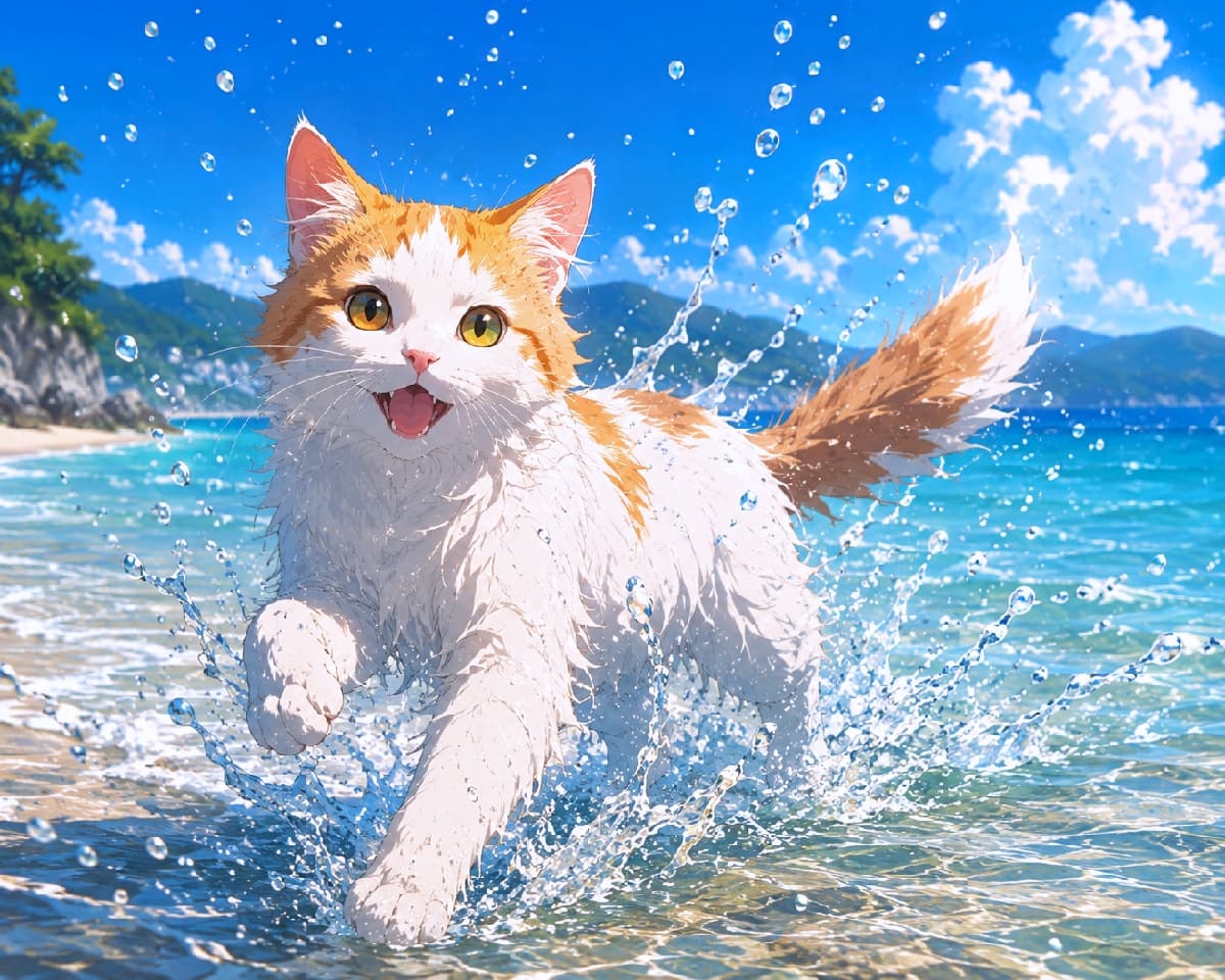 「夏の海へダーッシュ！🐾✨ 波しぶきにも負けない元気いっぱいの笑顔に、こっちまでパワーをもらえそう🌻🏖️」Ultra-realistic high-quality photograph of a small adult Turkish Van cat running through the shallow waters of a summer beach. The scene captures dynamic, sparkling water splashes under a clear blue sky, highlighting the wet texture of the fur and the cat's bright golden eyes. 抜けるような青空と輝く夏の海を背景に、浅瀬を元気いっぱいに駆け抜ける茶白の小さなターキッシュバンの成猫。太陽の光を浴びてキラキラと光るダイナミックな波しぶきや、水に濡れた被毛のリアルな質感、見開かれたゴールドの瞳が生き生きと描写された情景です