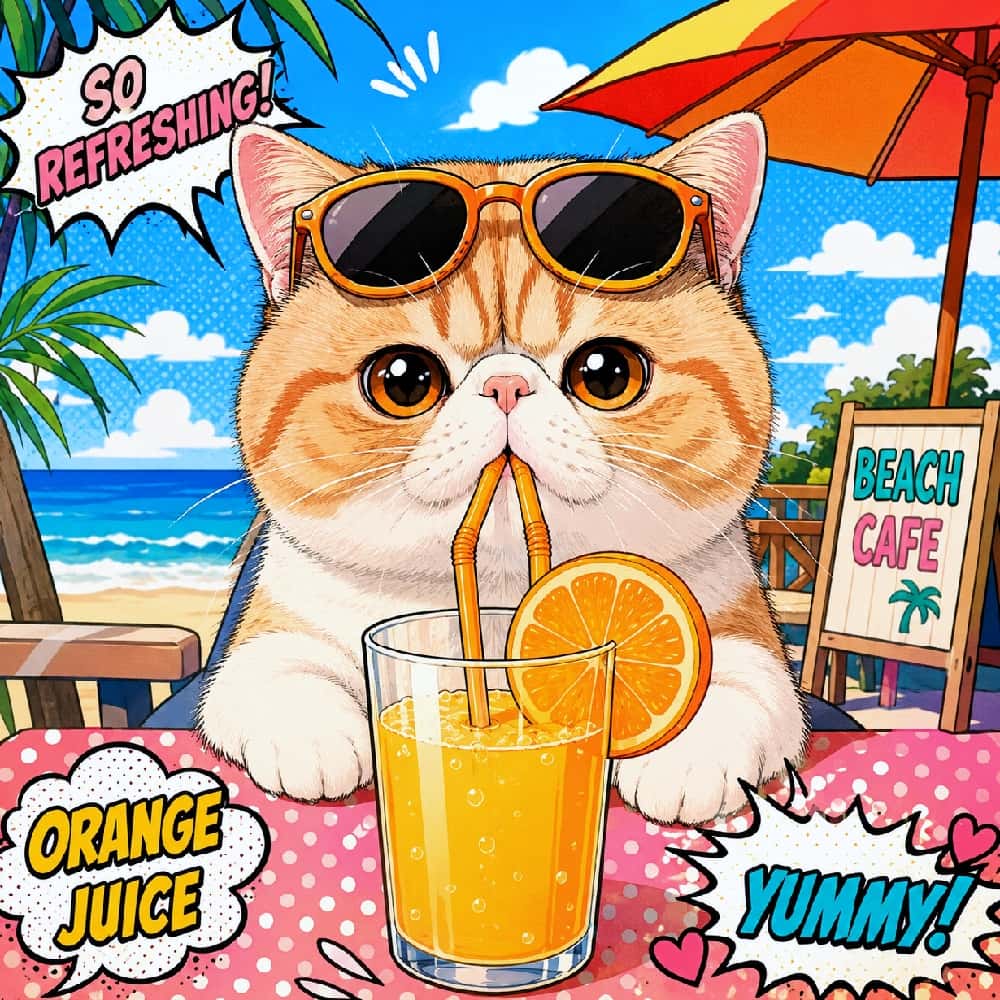 「夏のビーチで至福の一杯🍹🌴 アメコミ風のポップなスタイルと、愛嬌たっぷりのぶさかわフェイスがたまらないにゃ😎✨」High-quality vibrant pop-art illustration featuring an adorable Exotic Shorthair cat drinking orange juice at a sunny beach cafe. The flat-faced cat wears sunglasses on its head, with colorful halftone dots, dynamic speech bubbles, and a bright tropical background enhancing the retro comic book aesthetic. 鮮やかなアメコミ風のポップアートスタイルで描かれた、ビーチカフェでオレンジジュースを飲むエキゾチックショートヘア（またはペルシャ）。頭にサングラスを乗せ、特徴的な「ぶさかわ」の愛嬌ある顔で2本のストローを咥える姿が、カラフルな吹き出しやハーフトーンドット柄と共に表現された夏らしい情景
