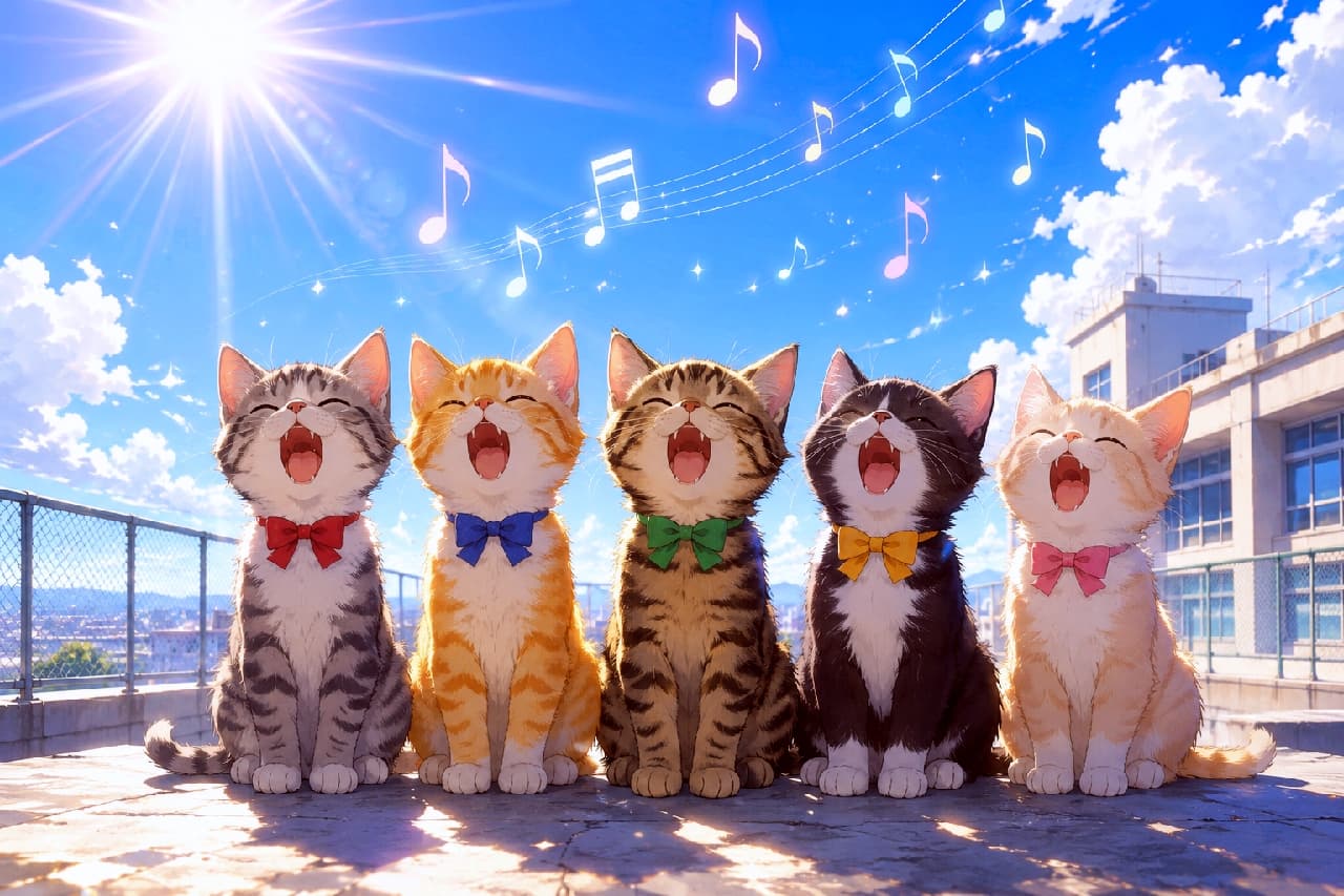 「「青空に響け、僕らのハモり♪」🎤✨5匹のお口あんぐり熱唱姿に、思わず一緒に歌いたくなっちゃう🐾」Ultra-realistic high-quality photograph of five adorable kittens lined up on a sunny rooftop, singing together with open mouths toward a vibrant blue sky adorned with glittering musical notes. 快晴の学校屋上で横一列に並び、大空に向かって大きな口を開けて歌う5匹のカラフルな蝶ネクタイを着けた子猫たち。左からキジシロ、茶トラ、キジトラ、黒白ハチワレ、クリームタビー。眩しい太陽光を受け、空には虹色に輝く五線譜と音符が舞う、躍動感と開放感に満ちた描写