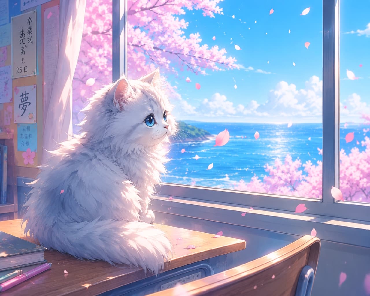 「「新しい季節、どんな夢が見られるかな…🌸」春風と海の香りに包まれるふわもこ白猫ちゃんにうっとり✨」Ultra-realistic high-quality photograph of a majestic fluffy white longhair cat with striking blue eyes sitting on a classroom desk by a window, gazing at cherry blossoms fluttering over a sparkling blue sea. 満開の桜とどこまでも続く青い海が広がる春の教室の窓辺。デスクの上に座る極上の毛並みを持った長毛の白猫が、舞い散る花びらと柔らかな春の陽光の中で遠くを見つめている。吸い込まれるようなマリンブルーの瞳と、光に透ける柔らかな被毛が幻想的な情感を醸し出している