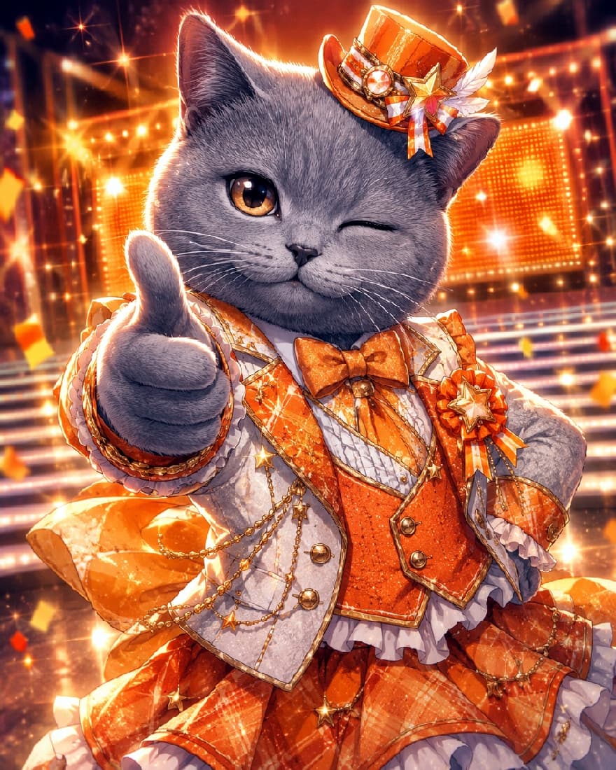 「絶対大丈夫！ボクが応援してるからね👍✨自信たっぷりのグッドポーズでみんなに元気をプレゼントにゃ！🧡」An ultra-realistic high-quality photograph of a charming grey kitten giving a thumbs-up and winking, dressed in a detailed white and orange idol suit on a brilliant golden stage. 光輝くライブステージの階段前で、白とオレンジの豪華なジャケットスーツに身を包み、ウインクしながら前足でサムズアップ（グッドポーズ）を決めるグレーの丸顔子猫。誇らしげな表情と輝くオレンジ色の瞳が印象的で、背景には金色の光とステージライトが絢爛豪華に広がっています
