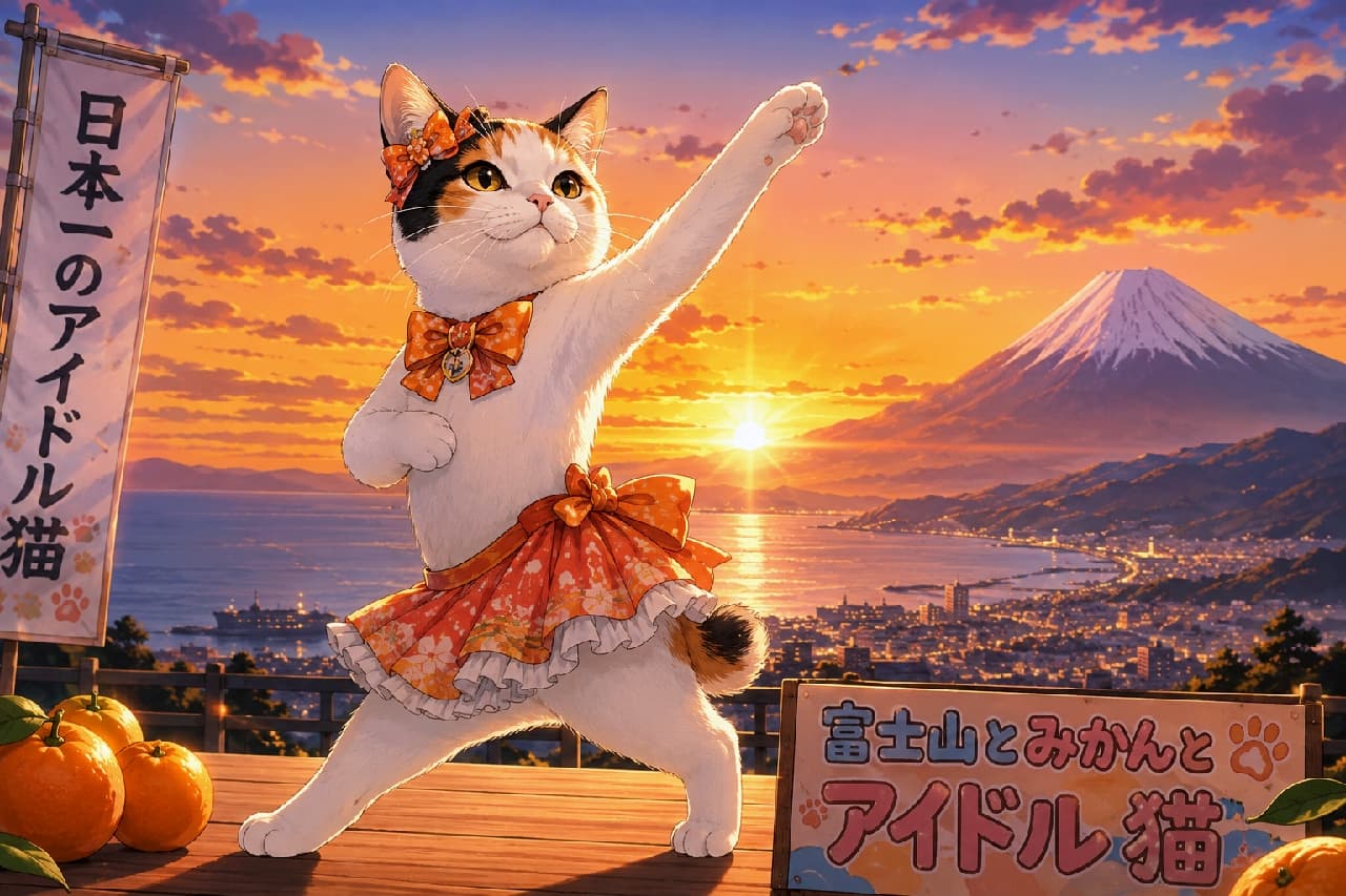 「富士山とみかんとアイドル猫！🗻🍊🐾 日本一の夕焼けをバックに、今日も元気にステージをお届けするにゃ🎤✨」Ultra-realistic high-quality photograph of a charming calico cat wearing an orange frilly idol costume, striking a lively pose on a wooden deck. The breathtaking background features a vibrant sunset over Suruga Bay and Mount Fuji, accompanied by fresh mandarin oranges and banners, creating a heartwarming scene of local revitalization. 美しい夕焼けの駿河湾と富士山を背景に、オレンジ色のフリル衣装とリボンを身に纏い、元気なポーズを決めるご当地アイドル風の三毛猫。傍らには艶やかなみかんが置かれ、「日本一のアイドル猫」ののぼり旗と共に、地域を盛り上げる温かい熱気が伝わる情景