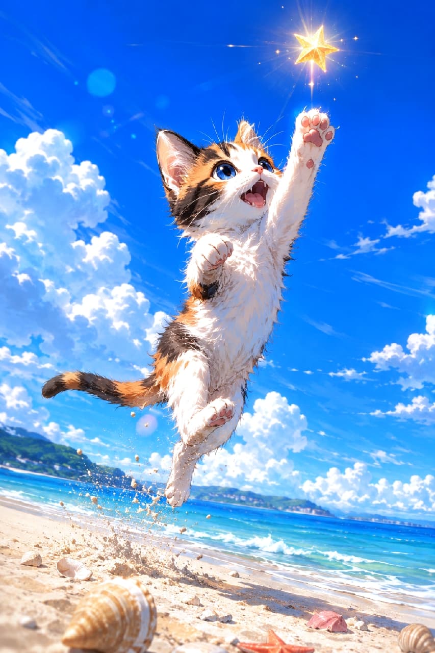 「きらきらお星さまに向かって大ジャンプ！🐈💨 舞い上がる砂粒まで美しい、夏の魔法の瞬間です🪄✨」Ultra-realistic high-quality photograph of a classic Japanese calico kitten with sapphire blue eyes leaping dynamically from a sandy beach towards a glowing golden star. The magical summer scene meticulously details the scattering sand grains, the fluffy fur blowing in the wind, and the vibrant cumulonimbus clouds. 鮮やかな夏の青空と入道雲を背に、砂浜から黄金に輝く星へ向かって躍動的に飛び上がる日本猫風の三毛の子猫。サファイアブルーの澄んだ瞳、宙を舞う細かい砂粒、風になびく毛先のディテールまでが克明に描かれた、魔法のような海辺の情景