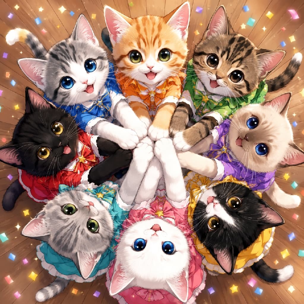 「みんなで手を重ねて「いっしょに夢を叶えよう！」🐾✨力を合わせる子猫アイドルたちに胸キュンです💖」Ultra-realistic high-quality photograph of an eight-kitten idol group forming a motivational circle with paws stacked in the center, wearing vibrant colorful stage costumes with ribbons, surrounded by glittering confetti on a wooden floor. アイドル衣装を着た8匹の多様な子猫たち（アメリカンショートヘア、マンチカン、ミックス等）が円陣を組み、中央で前脚を重ね合わせているアングル。青、オレンジ、緑、紫、黄色、ピンク、赤、水色のカラフルなドレスと大きなリボンを着用。ブルーやゴールドの大きな瞳で弾ける笑顔を見せ、フローリングの床には光る紙吹雪が舞う賑やかな光景