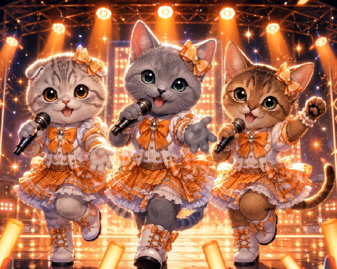 「ステージの主役は私たち！🎤✨息ぴったりのアイドルユニットが今宵デビューにゃ！みんなの推しはどの子？コメントで教えてね🐾🧡」An ultra-realistic high-quality photograph of three cute kitten idols in matching orange plaid outfits performing on a brightly lit concert stage with microphones, featuring a Scottish Fold, British Shorthair, and Abyssinian kitten in a dynamic group pose. 華やかなステージのスポットライトの下で、お揃いのオレンジチェック柄ドレスを着て歌う3匹の子猫アイドルユニット。左から垂れ耳のスコティッシュフォールド、グレーのブリティッシュショートヘア、アビシニアンの子猫がマイクを手にポーズを決め、温かみのあるゴールドの光に包まれています