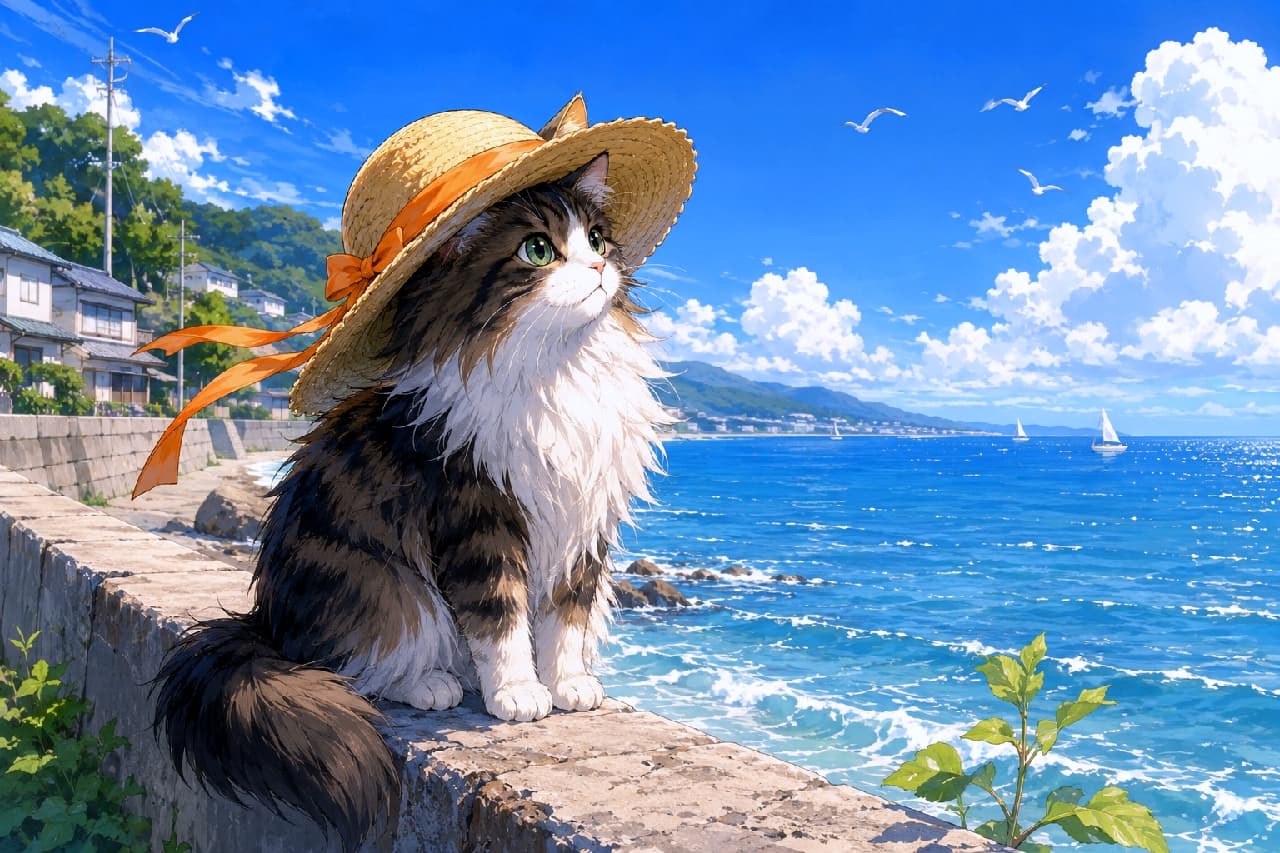 「潮風を感じながら、海辺の街でのんびりバカンス👒⛵ 麦わら帽子が似合いすぎる長毛ちゃんに癒されます🌿」Ultra-realistic high-quality photograph of a majestic cute young Norwegian Forest Cat wearing a straw hat with an orange ribbon, sitting on a stone seawall looking out at the ocean. The nostalgic scene captures the cat's thick neck ruff blowing in the sea breeze, with a peaceful coastal town, seagulls, and sailboats in the background. オレンジ色のリボンが結ばれた麦わら帽子を被り、石積みの防波堤でお座りをして海を見つめる長毛のキジ白ノルウェージャンフォレストキャットの若猫。豊かな胸元の飾り毛が海風にそよぎ、背景には白いカモメが飛ぶのどかな海辺の街並みとヨットが広がる、ノスタルジックな情景