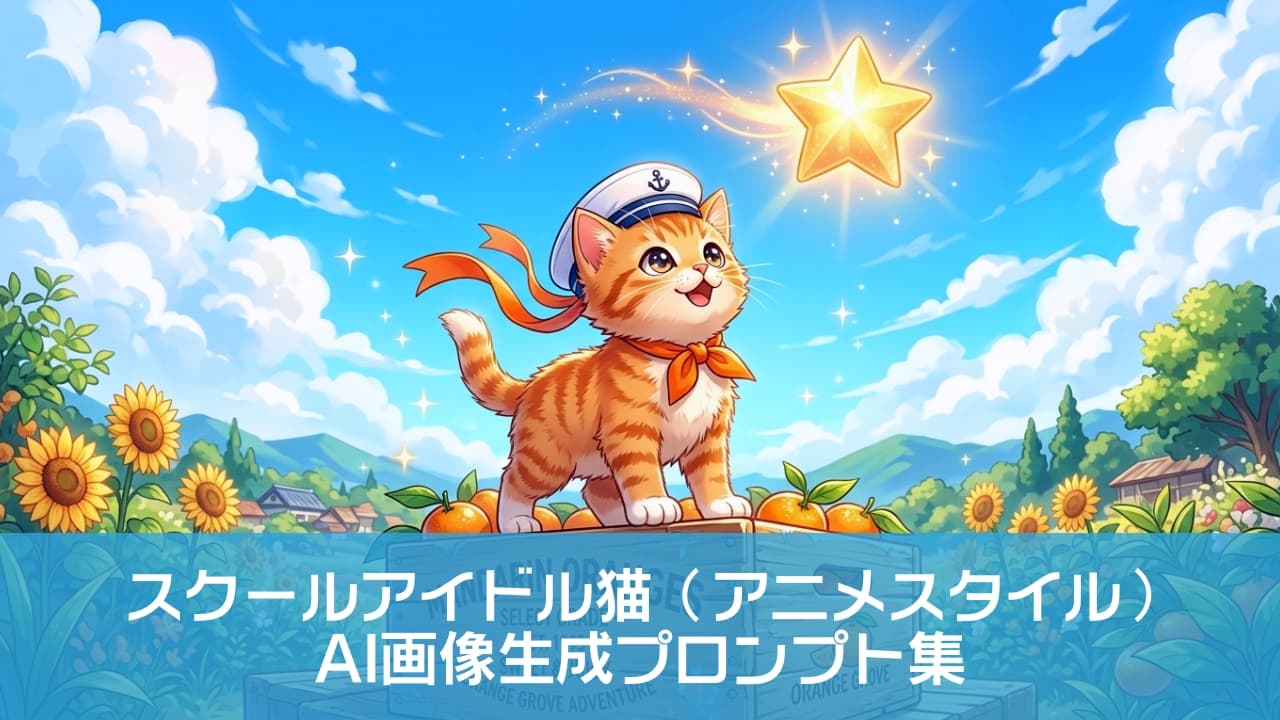「きらきらお星さまに向かって出航にゃ！⚓️🍊 セーラー帽の茶トラちゃんと、今日も元気いっぱいの1日を🌻✨ #茶トラ子猫 #元気が出る画像」Ultra-realistic high-quality digital illustration of an adorable orange tabby kitten wearing a sailor hat and an orange scarf, standing proudly on a wooden crate of mandarin oranges. The kitten has bright amber eyes and is looking up happily at a glowing, magical star. The background features a vibrant summer landscape with a blooming sunflower field, green hills, and a bright blue sky with fluffy clouds, illuminated by warm, magical sunlight. 抜けるような青空とひまわり畑が広がる夏の農園で、マンダリンオレンジの木箱の上に誇らしげに立つ茶トラ（レッドタビー）の子猫。セーラー帽と風になびくオレンジ色のスカーフを身につけ、きらきらと輝く琥珀色の大きな瞳で、空から舞い降りる魔法の星を嬉しそうに見上げています。アニメ調の鮮やかな色彩と光の粒子が、希望に満ちた温かい情景を描き出す高品質なイラスト画像