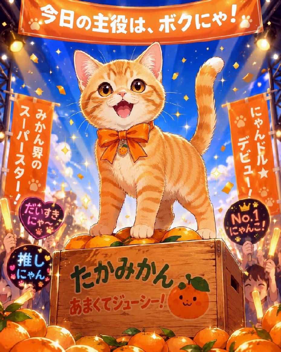 「今日の主役は間違いなくキミ！🌟 自信満々のドヤ顔と元気な声に、思わず「推し」になっちゃう可愛さです🍊💖」Ultra-realistic high-quality photograph of a confident red tabby kitten wearing a large orange bow, proudly standing on a wooden mikan box amidst falling confetti. The energetic scene is illuminated by bright stage lights and surrounded by pop-style Japanese banners and enthusiastic fan signs. キラキラと紙吹雪が舞うステージで、みかん箱の上に誇らしげに立つ茶トラの子猫。オレンジ色の大きなリボンを首に巻き、大きく口を開けて元気よくアピールする姿の周りに、「今日の主役は、ボクにゃ！」などのポップな日本語の応援バナーやうちわが配置された、スポットライトが眩しい熱気あふれる情景