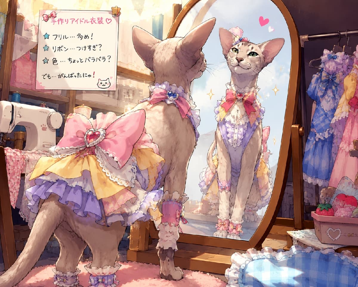 「「フリル多めで可愛くできたかにゃ？♡」🪞✨自分磨きを忘れないおしゃれ猫ちゃんのドレスチェック🐾」Ultra-realistic high-quality photograph of a graceful adult Oriental Shorthair cat admiring its custom-made pastel frilled idol dress in a full-length mirror inside a warm tailor studio, showcasing elegance and pride. 仕立て屋の温かい光の中、フリルと大きなリボンがあしらわれたハンドメイドのアイドルドレスを着用し、大きな姿見で自分を見つめるオリエンタルショートヘア。淡いピンクやパープルの重ね着ドレスを纏い、大きな耳とエメラルドグリーンの瞳を輝かせ、誇らしげで満足気な表情を浮かべたドラマチックな場面