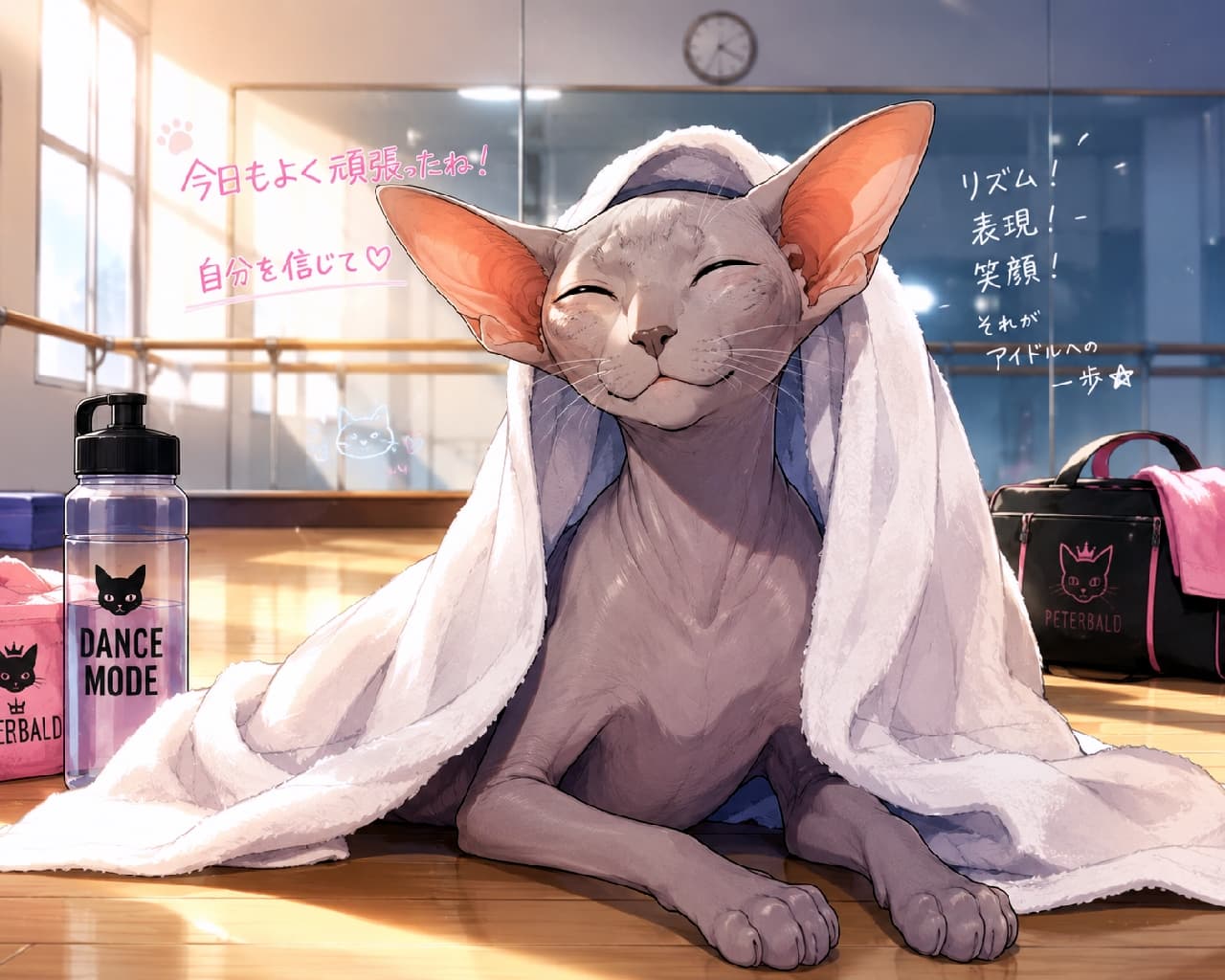 「「今日もお疲れ様！自分を信じて明日もがんばろ♡」🐾✨レッスン後のほっと一息な笑顔に胸キュン！」Ultra-realistic high-quality photograph of a unique Peterbald cat wrapped in a soft white towel, smiling peacefully on a wooden floor in a sunlit dance studio with a water bottle nearby. 柔らかな夕光が差し込むダンススタジオの木目床で、頭から白いバスタオルをかぶって満足そうに目を細めて微笑むピーターボールド（無毛・超短毛種）。大きな耳がタオルから覗き、傍らにはオリジナルのドリンクボトルやスポーツバッグが置かれた、努力の後の達成感と癒やしに満ちた1コマ