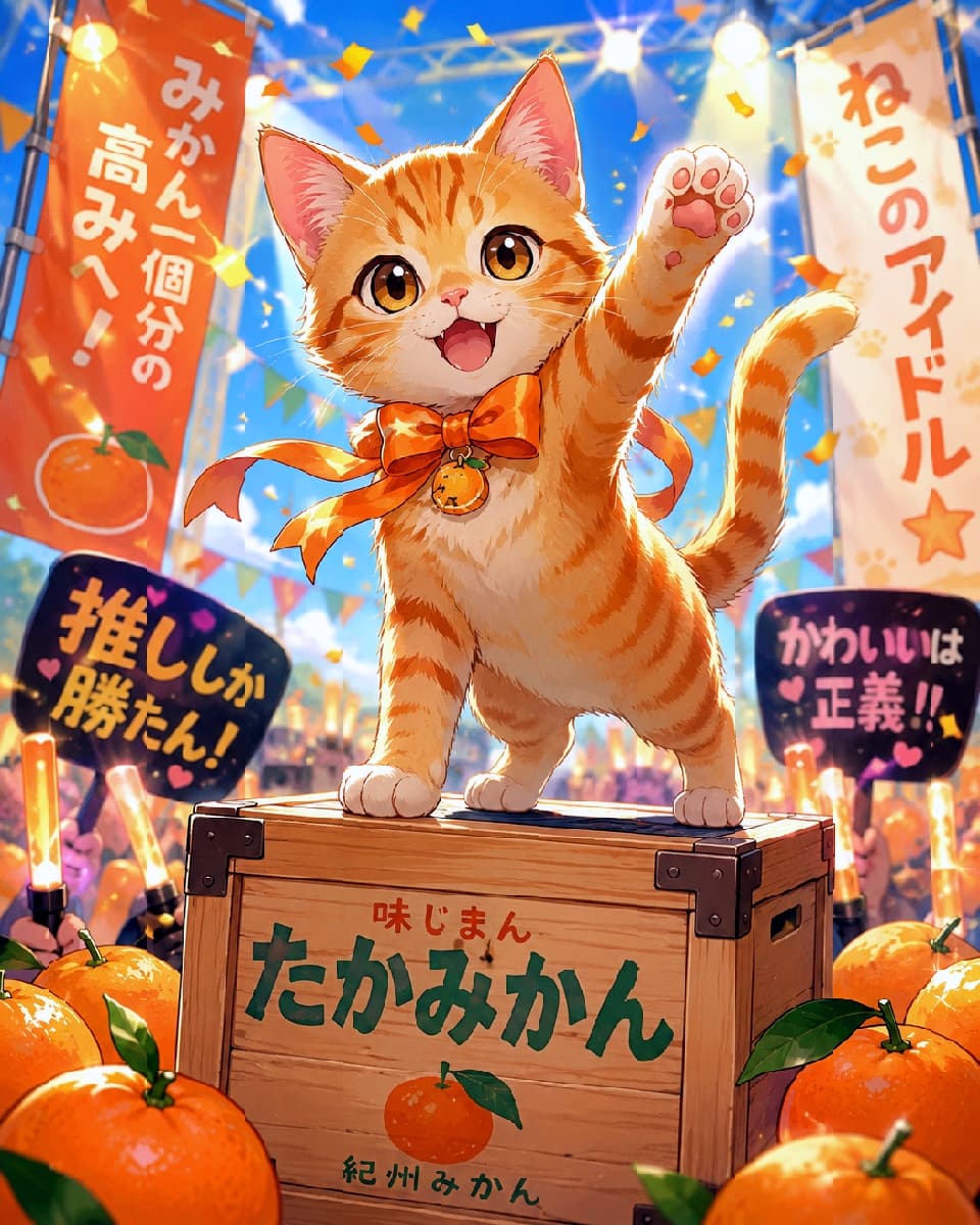 「みかん箱のステージから、みんなに元気をプレゼント🍊🎤 キラキラ笑顔のトップアイドル爆誕だにゃっ！✨🐾」Ultra-realistic high-quality photograph of an adorable red tabby kitten wearing an orange ribbon, standing on a wooden mikan box like an idol on an outdoor stage. With sparkling golden eyes, the kitten waves energetically, backed by a lively festival scene featuring a cheering crowd, stage lights, and colorful banners under a blue sky. 青空の下、野外ステージに置かれた「紀州みかん」の木箱の上に立ち、元気いっぱいに右手を振るアイドル風の茶トラの子猫。首に巻いたオレンジ色のリボンと、キラキラと輝くゴールドの瞳で微笑む姿の背後には、熱狂的な観客のシルエットやカラフルなのぼり旗が広がり、活気あふれるフェスの情景を描き出しています