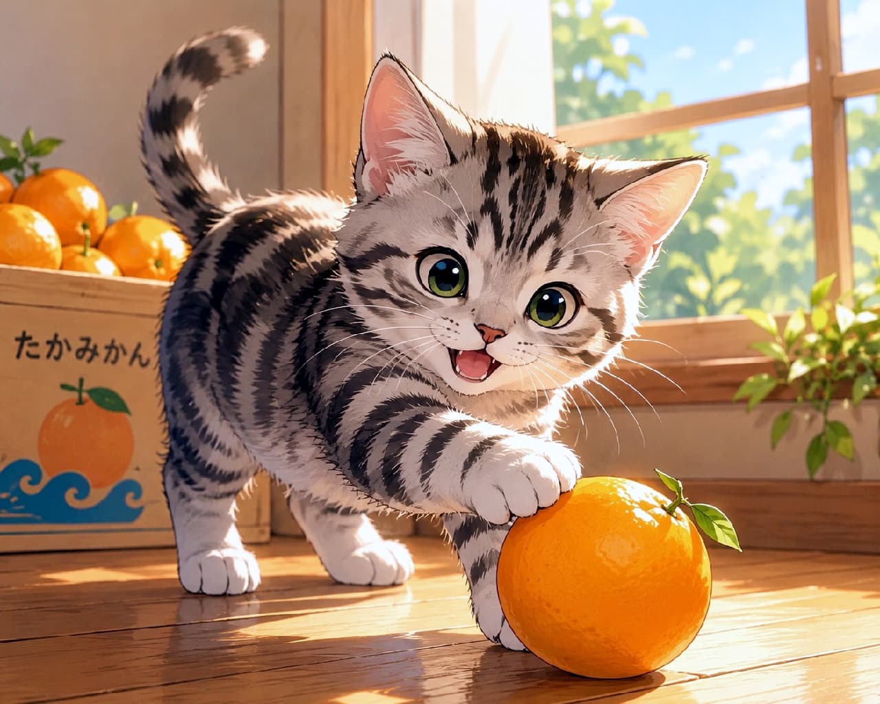 「これニャに？まんまるでいい匂いがするにゃ🍊🐾 お日様の光を浴びながら、新しい出会いに興味津々です☀️🐈」Ultra-realistic high-quality photograph of a inquisitive fluffy young American Shorthair cat playfully touching a fresh orange on a sunlit hardwood floor. The kitten's large green eyes and fluffy striped fur are beautifully highlighted by warm rim lighting, with a bright window, plants, and a mikan box in the cozy background. 暖かい日差しが差し込む窓辺のフローリングで、本物のオレンジに興味津々で前足を伸ばすふわふわなアメリカンショートヘアの若猫。くりっとした大きなグリーンの瞳と、フワフワの細かい縞模様の被毛が美しい逆光（リムライト）に照らされ、背景にはみかん箱と観葉植物が置かれた、日常の温かみを感じる情景