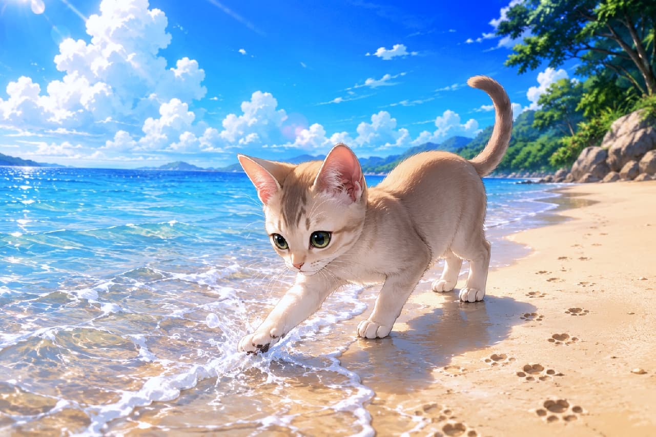 「初めての海、ドキドキの瞬間🌊🐾 小さな足跡が続く砂浜で、波とご挨拶する姿にキュンとしちゃう🥺💖」Ultra-realistic high-quality photograph of a delicate fawn-colored small Singapura cat curiously touching the ocean foam with its paw on a sunlit beach. The gentle sea waves, the smooth texture of its short coat, its large transparent green eyes, and the tiny paw prints in the sand are delicately rendered. 穏やかな陽光が差し込む砂浜で、打ち寄せる波の泡を不思議そうに前足で触る淡いフォーンカラーのシンガプーラの子猫。大きくて丸いグリーンの瞳の透明感や、短く滑らかな被毛の質感、砂浜に残された可愛らしい足跡が繊細に表現されています