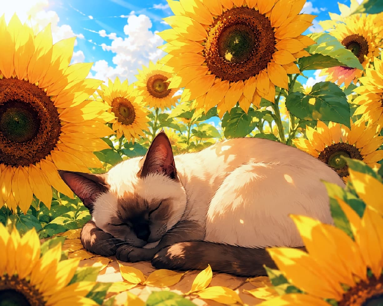 「ひまわりのベッドで夢の中🌻💤 ぽかぽかお日様の匂いがしそうで、見ているだけで癒されちゃうにゃ〜☀️🐈」Ultra-realistic high-quality photograph of a beautiful seal point Siamese cat sleeping peacefully in a blooming sunflower field under bright summer sunlight. The dappled light filtering through the leaves beautifully illuminates the smooth texture of its light-colored coat and its gentle, relaxed sleeping face. 眩しい夏の太陽の光が降り注ぐ満開のひまわり畑で、気持ちよさそうに丸まって眠るシャム猫（シールポイント）。大きなひまわりの葉っぱから漏れる美しい木漏れ日が、滑らかで淡い被毛の質感や、安心しきった穏やかな寝顔を優しく照らし出す、ノスタルジックで心温まる情景