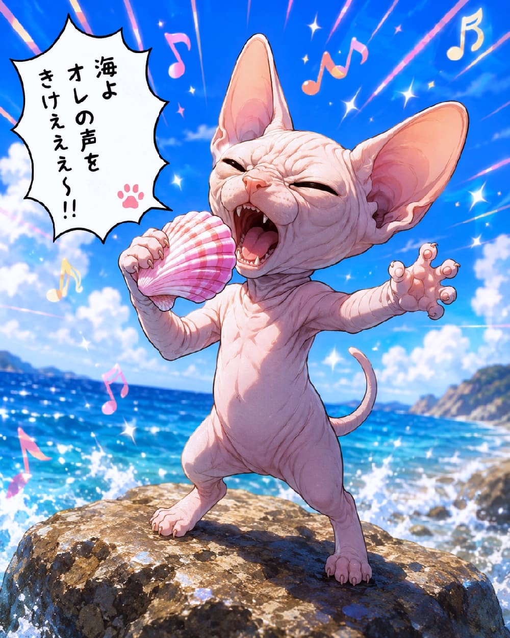「海よ〜！オレの歌声を聞けぇぇ〜〜！！🌊🎤貝殻マイクで熱唱するソウルフルにゃんこに圧倒される…！🔥」An ultra-realistic high-quality photograph of a unique Sphynx kitten standing passionately on a coastal rock, singing into a pink seashell microphone against a background of bright blue sea and sunny sky. 快晴の海辺の岩場に仁王立ちし、ピンクの二枚貝をマイクに見立てて目を閉じ、口を大きく開けて海に向かって熱唱するスフィンクス（無毛猫）の子猫。個性的なシワと大きな耳、しなやかな身体が特徴的で、背景には青く澄み渡る海と白波、太陽のダイナミックな光芒が広がっています