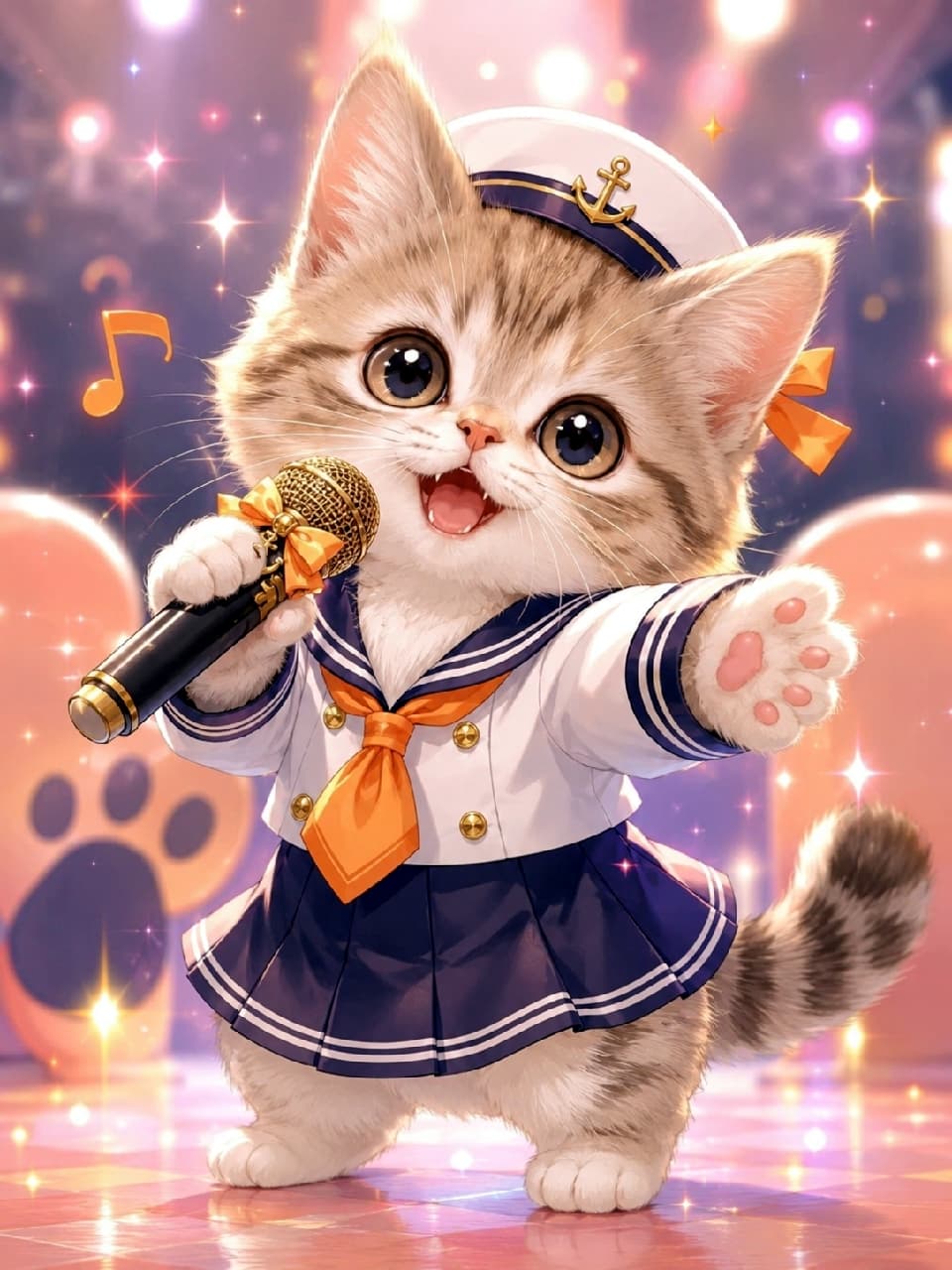 「みんなに歌声を届けるにゃ！⚓️マリンセーラー服をまとった小さな歌姫がステージに降臨✨かわいすぎる歌声に胸キュンが止まらない…！💕」An ultra-realistic high-quality photograph of a tiny Munchkin kitten wearing a cute sailor uniform and hat, passionately singing into a golden microphone on a bright concert stage surrounded by sparkling, warm-toned bokeh lights. マリン風の紺色セーラー服と帽子を身にまとい、ゴールドのマイクを握りしめて可愛らしく歌うマンチカンの子猫。大きなクリクリとしたブラウンの瞳、ふわふわの被毛と綺麗な縞模様の尻尾が特徴的で、背景にはピンクやゴールドのキラキラとした幻想的なステージの光が広がっています