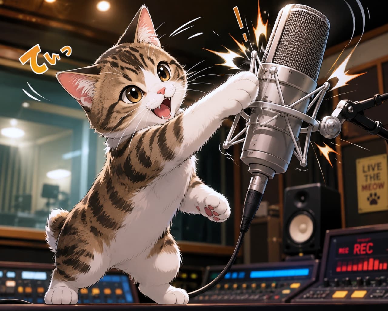 「「今日のマイクチェックはボクがやるにゃ！ていっ！🎤✨」音響機材に興味津々な小さなエンジニアさんにキュン💕」An ultra-realistic high-quality photograph of a cute tabby and white Manx kitten reaching out playfully to a vintage condenser microphone on a mixing console in a warm-lit sound recording studio. レコーディングスタジオのミキシングコンソールの前で、高級なコンデンサーマイクに前足を伸ばして「ていっ」と無邪気に触れるキジトラ白のマンクス子猫。クリッとした大きなブラウンの瞳と開いた口が愛らしく、背景には温かい照明に照らされたスタジオ機器やモニタースピーカーが奥行きをもって描写されています。