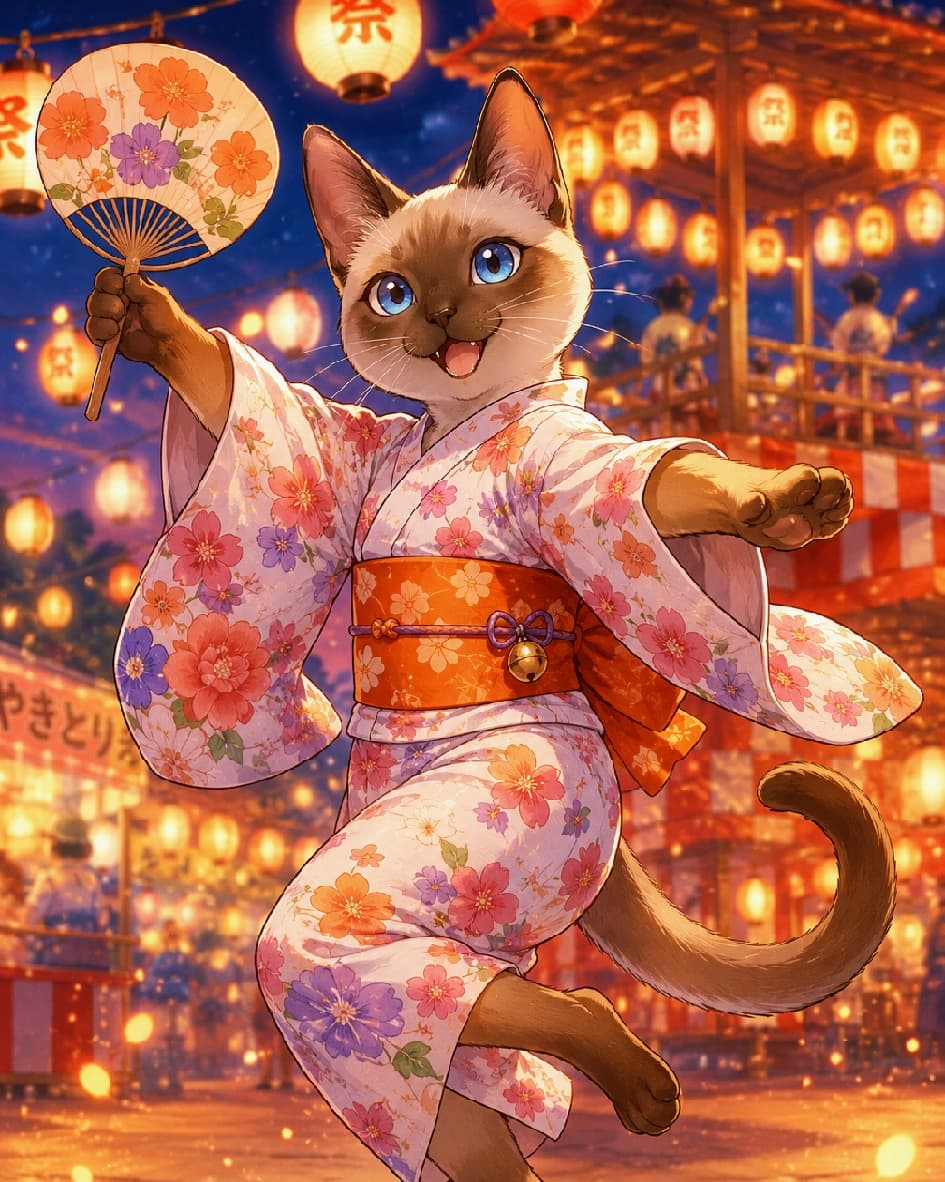 「「祭りの夜はまだまだ終わらないにゃ！」🪅✨浴衣姿で踊るシャム猫ちゃんの可愛い姿に心が弾みます🐾」Ultra-realistic high-quality photograph of a stunning Siamese cat wearing a colorful floral yukata, holding a traditional paper fan and dancing happily at a brightly lit Japanese summer festival. 提灯が幻想的に輝く夏祭りの会場で、ピンク色の花柄浴衣とオレンジの帯を身に纏い、手に花柄のうちわを持って楽しそうに踊るシャム猫（サイアミーズ）。顔や手足のダークポイントと鮮やかなブルーアイが印象的で、背景の櫓や屋台の温かい光の中で躍動感たっぷりに表現されている