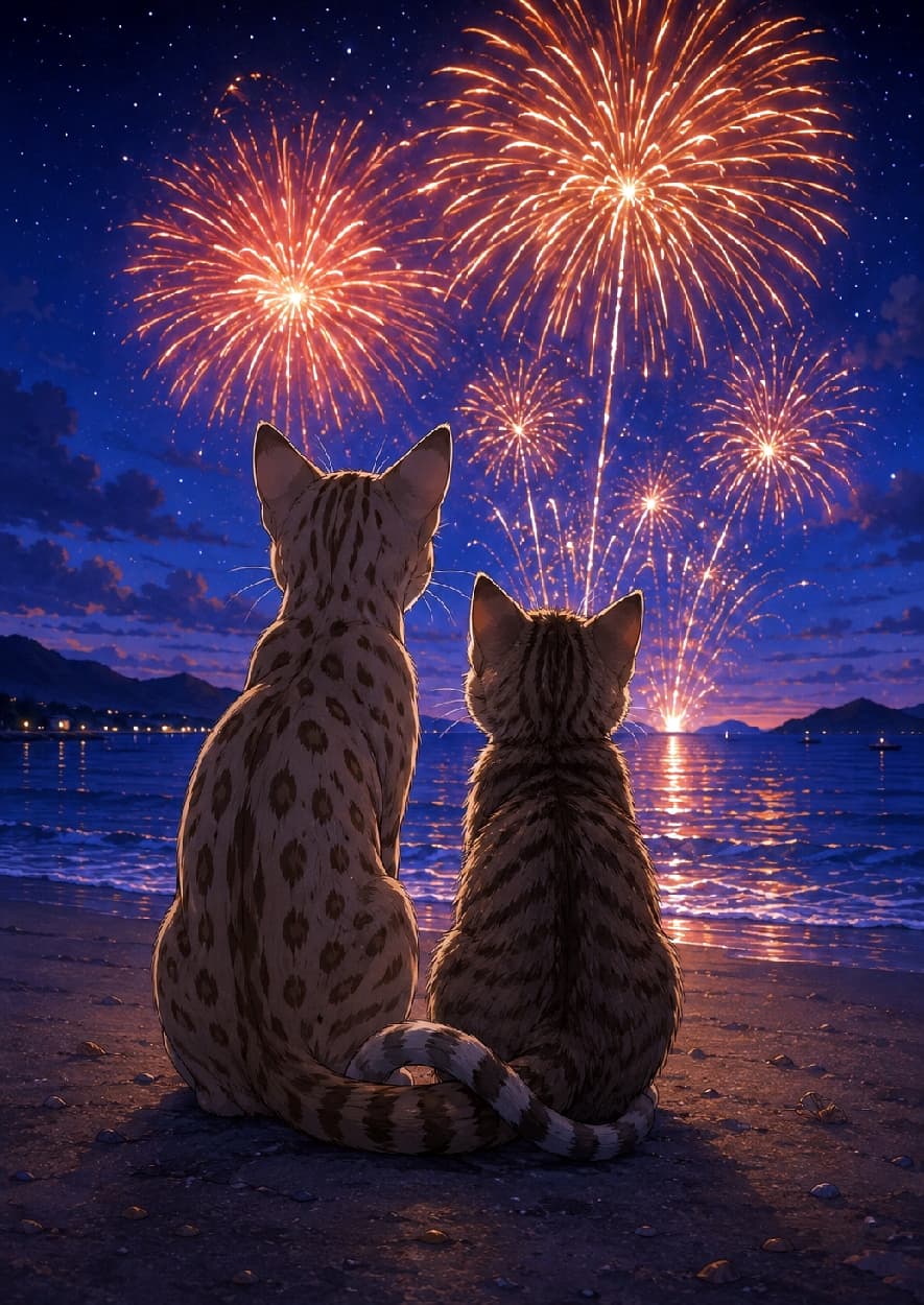 「「来年も一緒に見ようね」🎆ふたりのしっぽがそっと重なる夏の終わりのエモすぎる夜✨見とれちゃう美しさにほっこり感無量…🐾🌌」An ultra-realistic high-quality photograph from behind showing two cats—a small adult Ocicat and a Tabby —sitting side by side on a sandy beach at night, watching brilliant orange fireworks explode over the calm sea under a starry sky. 夜の静かな砂浜で背中を寄せ合い、海の上に大きく打ち上がるオレンジ色の華やかな花火を並んで見つめる2匹の猫。左側にはロゼット模様が美しい小さなオシキャットの成猫、右側には丸みのあるキジトラ子猫が配され、絡み合うしっぽと夕闇から夜へ移る空のグラデーションが幻想的な雰囲気を醸し出しています