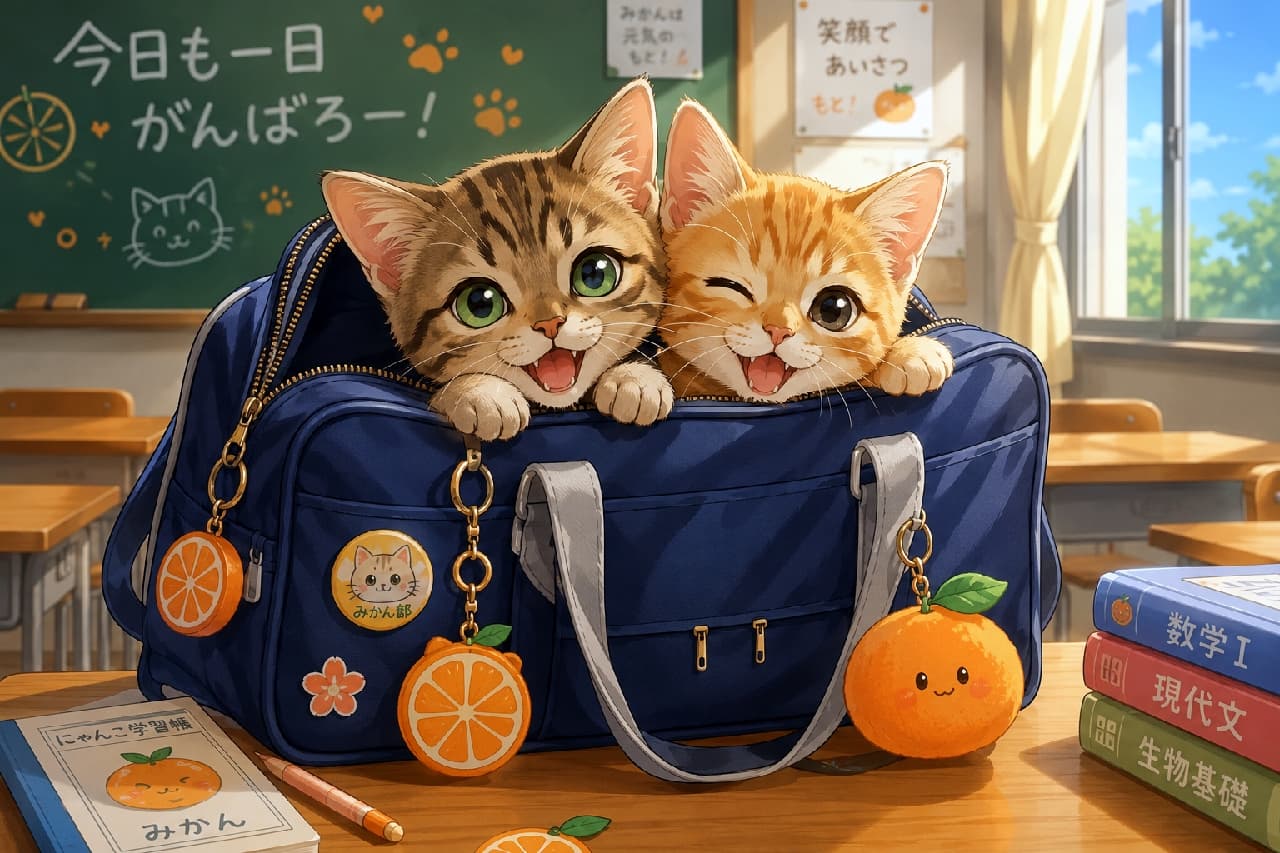「バッグの中から「今日も一日がんばろー！」🍊元気いっぱいな2匹の登校風景に癒やされちゃいますね🐾✨」Ultra-realistic high-quality photograph of two adorable kittens—a brown tabby and a winking red tabby—peeking out from a navy school bag on a classroom desk decorated with orange-themed accessories in soft afternoon light. 放課後の木漏れ日が差し込む教室で、紺色のスクールバッグのチャックから身を乗り出す2匹の子猫。左は緑の瞳のキジトラ（ブラウンタビー）、右は茶色の瞳で片目をキュートにウィンクする茶トラ（レッドタビー）。鞄にはみかんのチャームや缶バッジが飾られ、机の上には教科書や「にゃんこ学習帳」が並ぶ温かみのある情景