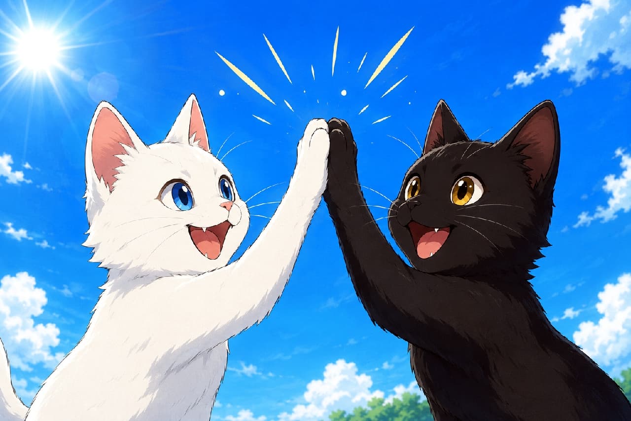 「「イエス！最高のチームワークだにゃ！」🐾☀️青空に映える白黒コンビの爽やかハイタッチに元気を補給！」Ultra-realistic high-quality photograph of a fluffy white cat with blue eyes and a sleek black cat with gold eyes giving a high five against a brilliant blue sky with bright sunlight, conveying achievement and friendship. 眩しい太陽が輝く快晴の青空をバックに、勢いよく前脚でハイタッチを交わす純白の白猫と漆黒の黒猫。白猫は透き通る青い目、黒猫は輝くゴールドの目を持ち、どちらも口を大きく開けて弾けるような笑顔を見せている。接合部には弾ける光の演出が施されたエネルギー溢れるアングル