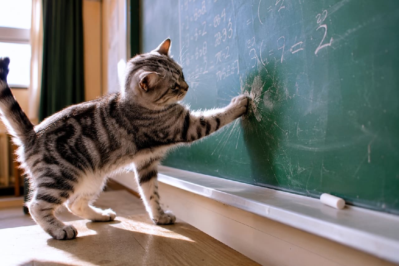 「ここテストに出ますニャ!チョークを触る姿がまるで可愛い数学の先生…!?これなら数学好きになれそう🐾✨」An ultra-realistic high-quality photograph of a silver tabby American Shorthair cat standing on a desk and reaching its front paw toward a green blackboard filled with math equations under warm window sunlight. 日差しが差し込む教室で、木製デスクの上に立ち上がり緑の黒板に書かれた数式に向かって前脚を伸ばすシルバータビーのアメリカンショートヘア。くっきりとした縞模様の美しい毛並みとピンと上がった尻尾、集中してチョーク痕を触る姿が、窓からのやわらかな光と相まって情景豊かに描かれています