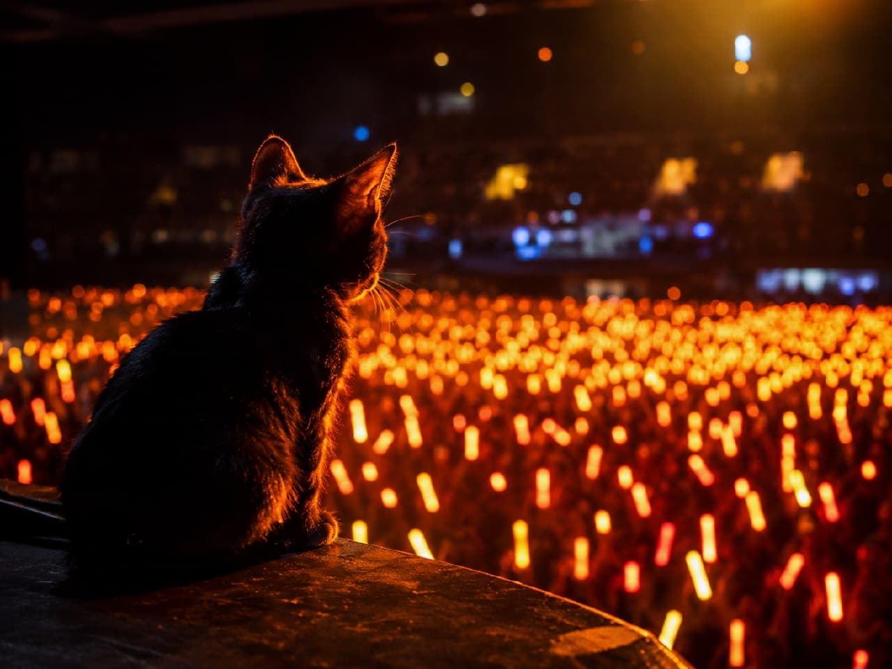 「まるでソロライブの開演前…!?橙色の光の海を見つめる黒猫ちゃんの背中がエモすぎる件✨🎤ニャンバサダー登場!」An ultra-realistic high-quality photograph of a black cat silhouette sitting on the edge of a dark concert stage, gazing out at a sea of glowing orange penlights with warm rim lighting highlighting its ears and sleek fur. 暗いライブ会場のステージ縁に座り、オレンジ色に輝くペンライトの海を見つめる黒猫の背中。温かいスポットライトの逆光が、ピンと立った耳やなめらかな黒毛のシルエットとヒゲを幻想的に浮かび上がらせています