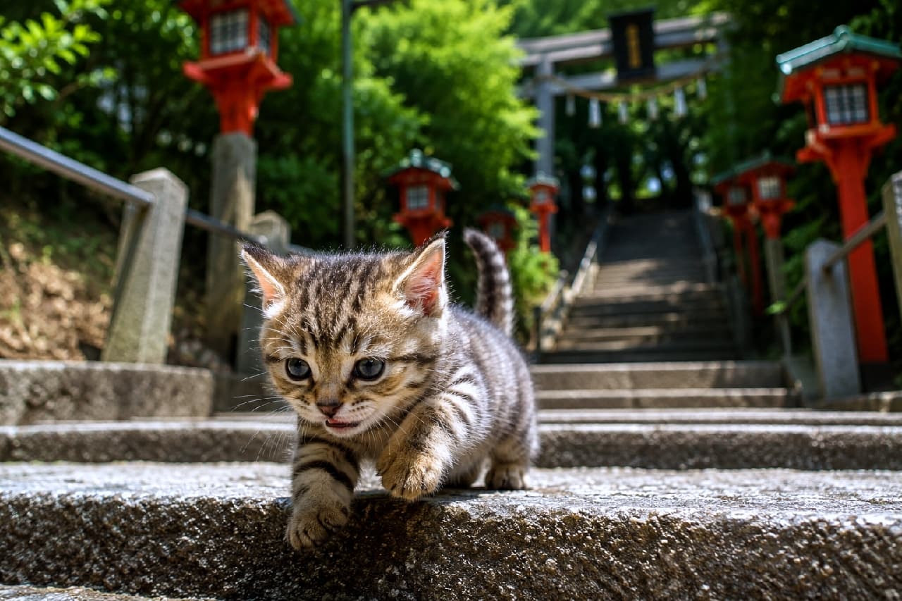 「和の境内で冒険の旅へ出発!🐾石段をちょこちょこ降りるキジトラ子猫ちゃん♪「あたちについてきてニャ!」⛩️✨」An ultra-realistic high-quality photograph of a tiny brown tabby kitten taking an adventurous step down the stone steps of a Japanese shrine, with red lanterns and a wooden torii gate blurred in the lush green background. 緑豊かな神社境内の石段を、前脚を挙げて元気に降りてくるキジトラの小さな子猫。くっきりとした縞模様の短い毛並みとクリクリした黒目がちの瞳、背景の赤い灯籠と鳥居が和の風情漂う夏の冒険の1ページを演出しています