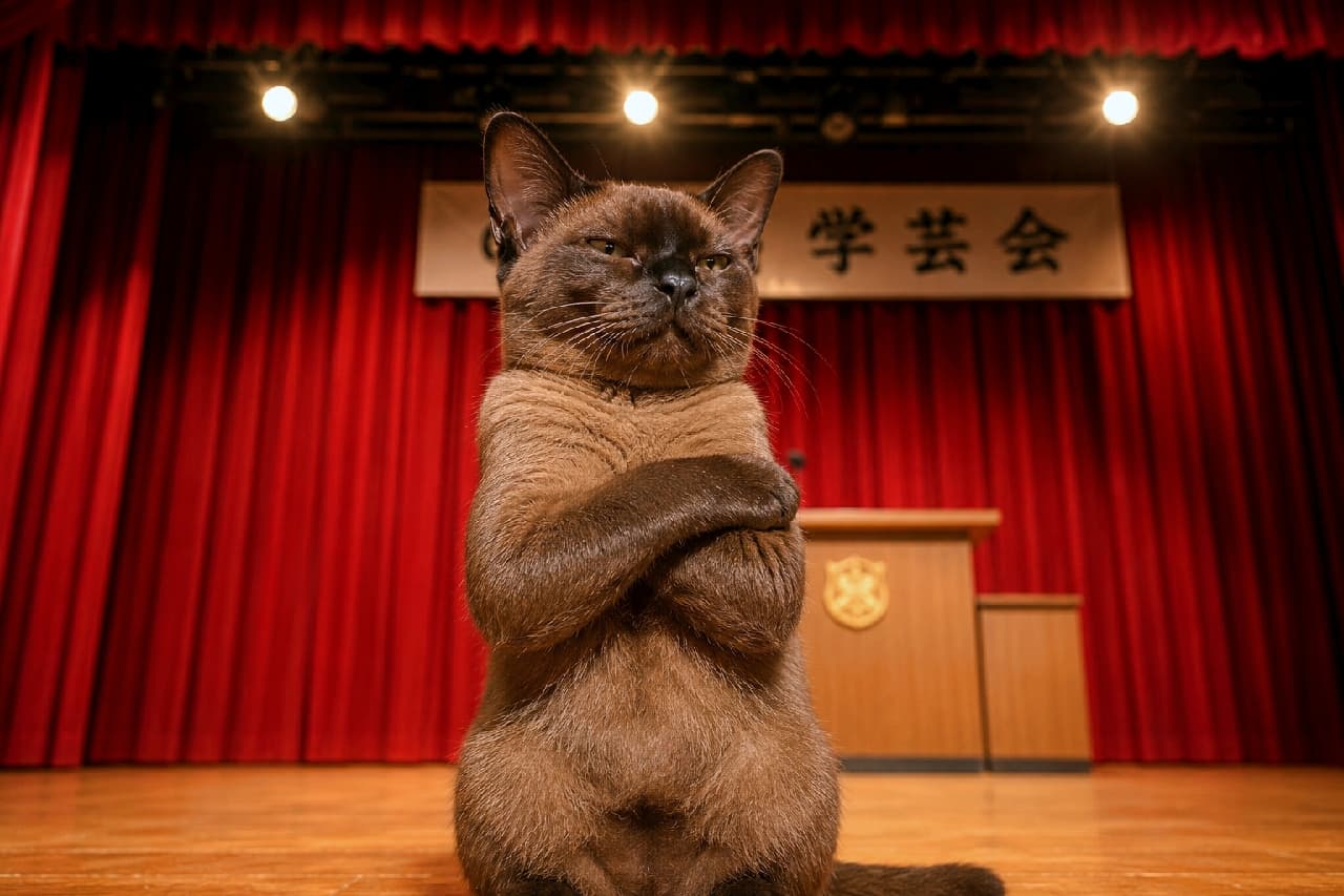 「今日の主役はボクだニャ!舞台袖からの大歓声が聞こえてきそうな堂々たる存在感✨ #学芸会 #主役猫 #ドヤ顔 #ボス猫」Ultra-realistic high-quality photograph of a sleek sable Burmese cat standing with folded arms on a wooden auditorium stage with red curtains and a school event sign in the background. 体育館の木製ステージ中央で凛々しく前脚を組み、胸を張るセーブルのバーミーズ猫。艶やかなダークブラウンの被毛と自信に満ちた表情が印象的。背景には赤い幕と「学芸会」の文字が入った看板、演台があり、まるで舞台の主役のような堂々とした情景