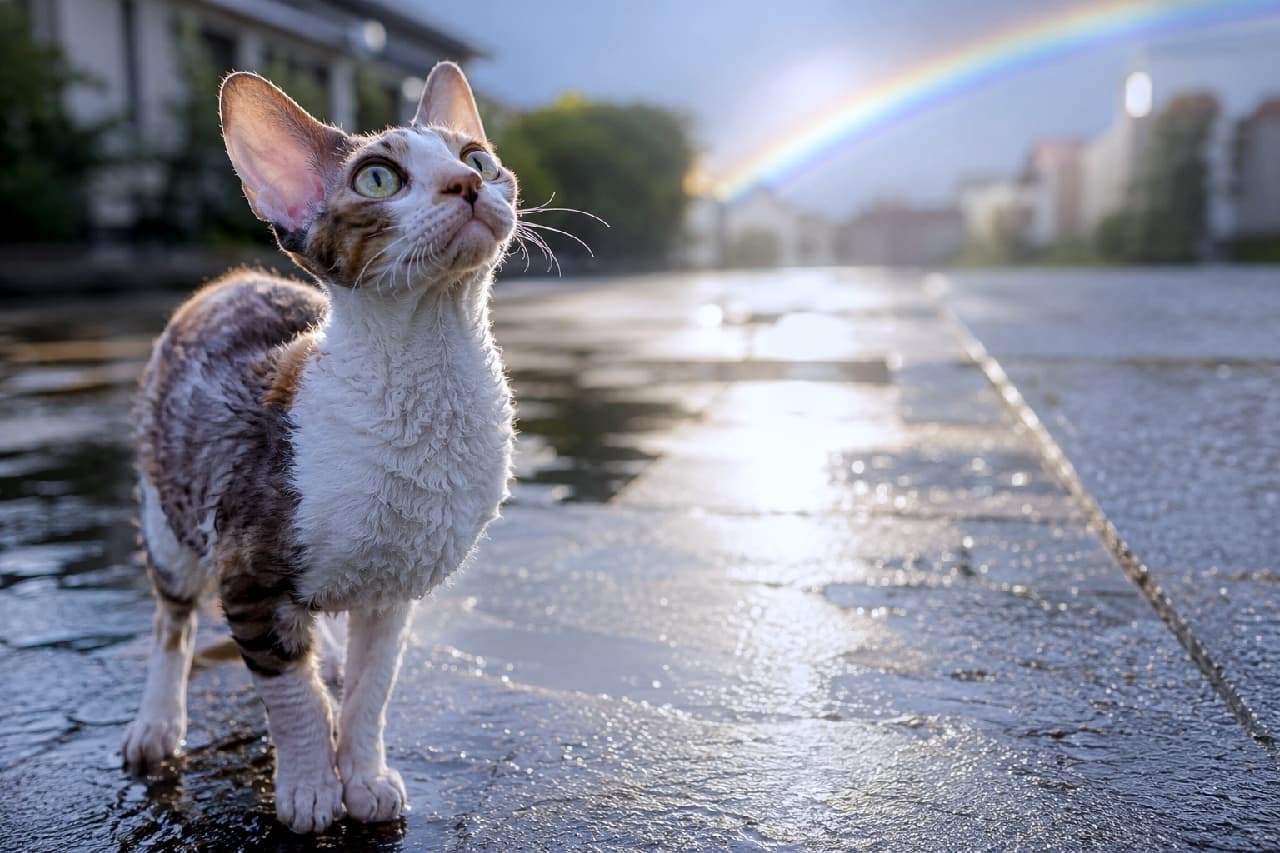 「雨上がりに大きな虹を発見ニャ!🌈大きな耳とくりくりの瞳で空を見上げる姿にほっこり♡いいことありそう✨」An ultra-realistic high-quality photograph of a small Cornish Rex cat with curly fur and huge ears standing on wet, reflective stone pavement, gazing up at a rainbow spanning across a soft post-rain sky. 雨上がりの湿った石畳の上で、空に架かる鮮やかな虹を見上げる小さなコーニッシュレックス。特徴的な大きな耳と短いウェーブがかった被毛、アンバーの瞳が反射光に輝き、濡れた路面の反射とやわらかな太陽光が幻想的な情景を描いています
