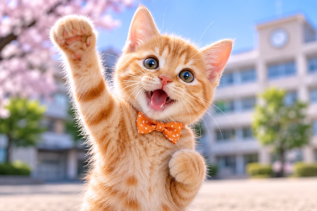 「はーい!今日もお仕事・お勉強がんばるニャ!🌸ポッカポカの校庭から元気をお届け!みんな応援してるニャ✨🐾」An ultra-realistic high-quality photograph of an energetic ginger tabby kitten wearing an orange polka-dot bow tie, waving its front paw towards the camera with an open-mouthed expression in front of blooming cherry trees and a school building. 春の青空と桜の花、学校の校舎をバックに、前脚を大きく上げて挨拶するように笑顔を向ける茶トラ(レッドタビー)の子猫。オレンジのドット柄リボンを付け、口を大きく開けた愛らしい表情とフワフワの毛並みが印象的な超高画質ショット