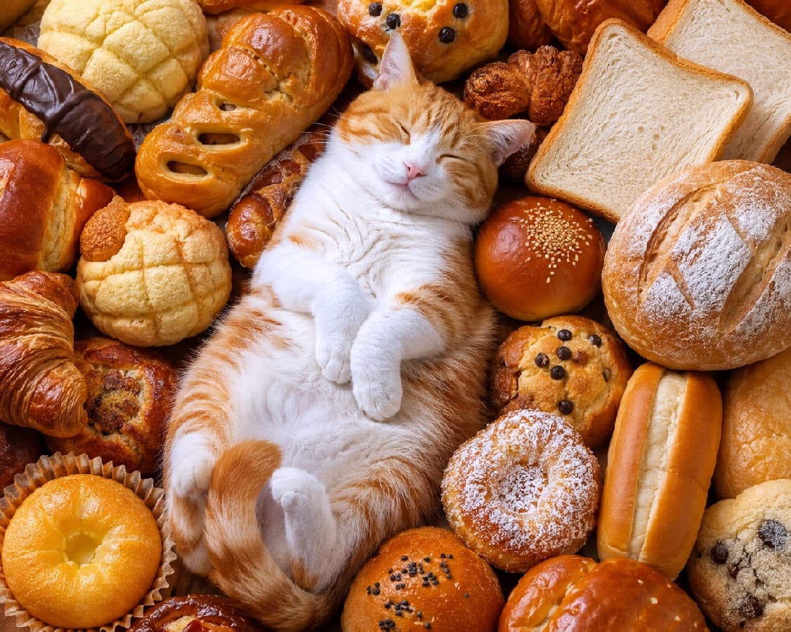 「焼き立てパンの温もりに包まれて夢の中へ…🍞🥐 幸せすぎる睡魔には勝てないニャ💕 #猫とパン #へそ天 #癒やしタイム #幸せの極み」Ultra-realistic high-quality photograph of a fluffy ginger and white tabby cat sleeping blissfully on its back surrounded by an array of freshly baked breads and pastries in a cozy flat-lay composition. 焼き立てのメロンパンや食パン、クロワッサンなど溢れんばかりのパンに囲まれ、仰向け(へそ天)で幸せそうに目を閉じて眠る茶トラ白猫。ふんわりとした温かみのあるオレンジと白の被毛、キュートなお口と前脚のポーズが、香ばしいパンの温もりと調和する幸福感いっぱいの真上からの俯瞰(フラットレイ)ショット