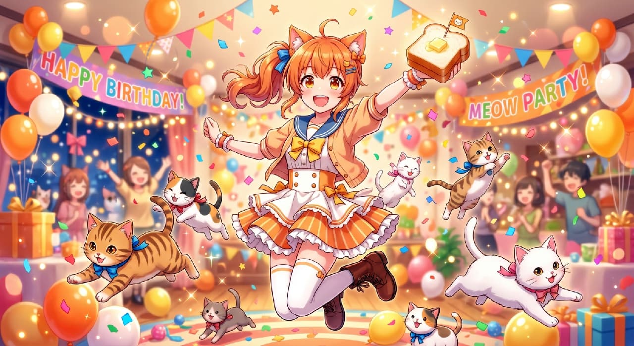 「今日は最高のMEOW PARTY🎂✨ バタートースト片手に、元気な猫ちゃんたちと一緒にジャンプして盛り上がろう🐈🎈 #猫のいる暮らし #誕生日」Ultra-realistic high-quality photograph-style vibrant illustration of a cat-eared anime girl joyfully jumping with buttered toast at a lively birthday party. She is surrounded by flying, expressive kittens, including a brown tabby, a calico, and a white cat, amidst a festive background filled with colorful balloons, bunting, and confetti under bright lighting. 「HAPPY BIRTHDAY」の飾りが輝く色鮮やかなパーティー会場で、バターが乗ったトーストを片手に元気いっぱいにジャンプする猫耳の女の子。その周りを、楽しげな表情を浮かべるアメリカンショートヘア風のキジトラ、鮮やかな三毛猫、そして可憐な白猫といった可愛らしい子猫たちが、紙吹雪と一緒に風船の舞う宙を飛び跳ねる、祝祭感と躍動感にあふれた高画質イラスト
