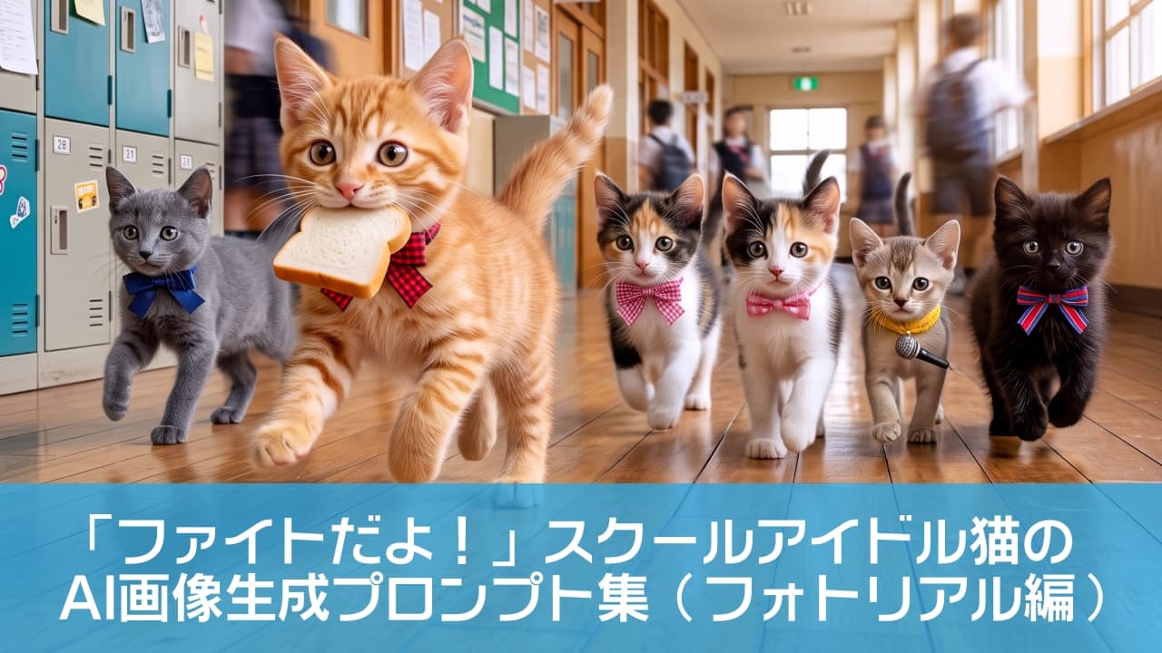 「「ち、遅刻にゃ〜！」🍞💦 食パンくわえた茶トラちゃんと仲間たちのドタバタ登校風景🏫 みんなはどの子が好き？🐾 #猫画像 #学園モノ」Ultra-realistic high-quality photograph of an adorable orange tabby kitten playfully running down a sunlit school hallway with a slice of bread in its mouth. It is closely followed by a diverse group of kittens, including a gray cat, calicos, and a black kitten, all wearing cute bowties, set against a beautifully blurred background of blue lockers and students bathed in warm natural light. 窓からの温かな光が差し込む学校の廊下を、食パンをくわえた元気な茶トラの子猫がカメラに向かって駆け抜ける様子。その後ろには、お揃いの蝶ネクタイをつけたロシアンブルー風の灰猫、キュートな三毛猫たち、アビシニアン風の子猫、そして黒猫と、多彩な品種の仲間たちが一斉に続いており、背景の青いロッカーや行き交う生徒たちのボケ感がドラマチックな物語性を演出する超高画質なリアル画像