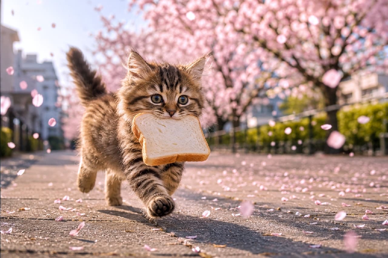 「遅刻!遅刻〜っ!🍞🌸食パンくわえて春の桜道をダッシュ中!曲がり角で運命の出会いあるかも…!?🐈💨」An ultra-realistic high-quality photograph of a fluffy longhair tabby kitten running energetically down a cobblestone path lined with blooming cherry blossoms, holding a slice of toast in its mouth under warm spring sunlight with falling petals. 舞い散る桜の花びらの中、食パンを口に咥えて石畳の道を元気に走ってくる長毛キジトラの子猫。ふわふわの毛並みが春の逆光に輝き、ダイナミックな躍動感とアニメの1シーンのような愛らしさが表現された超リアルな写真