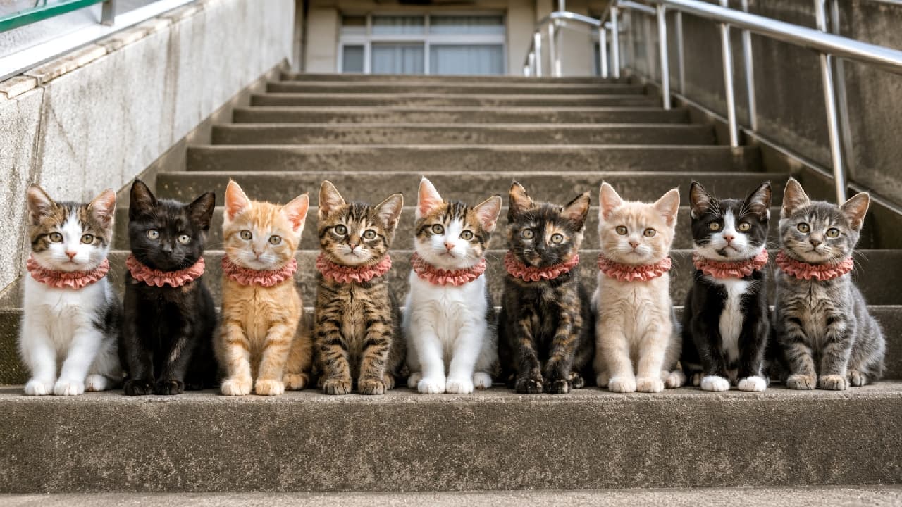 「全員集合!お揃いの首輪で整列完了だニャ🐾💕 あなたの推し猫ちゃんはどの子?✨ #子猫大集合 #多頭飼い #推し猫 #かわいさ爆発」Ultra-realistic high-quality photograph of nine diverse kittens sitting perfectly side-by-side in a straight row on concrete outdoor stairs, each wearing matching pink ruffled collars. 屋外の石階段に横一列に整然と座り、全員が前を見つめる9匹の多彩な仔猫たち。キジトラ、黒猫、茶トラ、三毛、サビ、ハチワレなど様々な毛色の子猫たちが全員お揃いのピンクのフリル首輪を着用し、均整の取れた並びと愛くるしい表情が壮観な集合写真