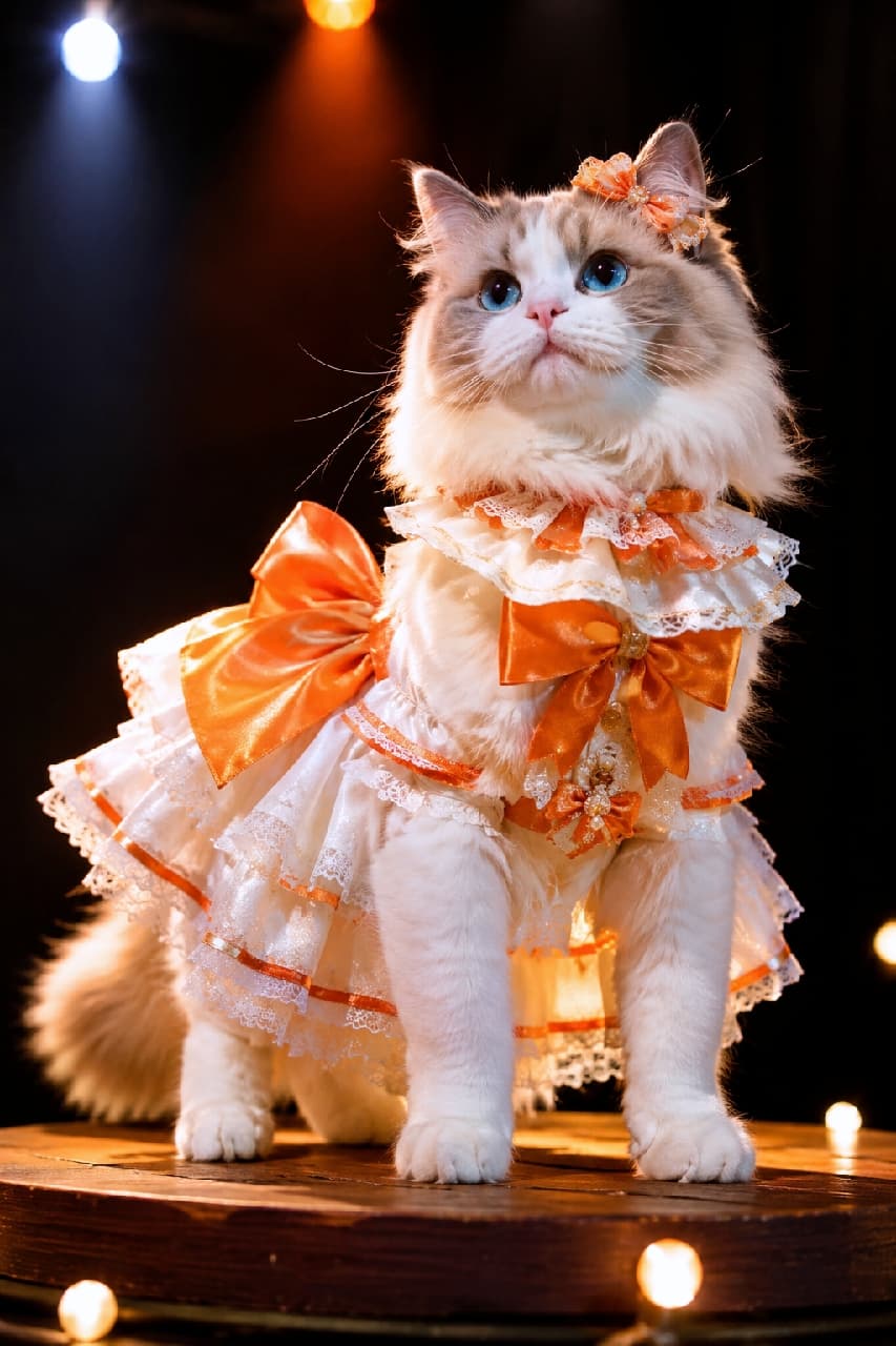 「アイドル猫界の頂点!?👑豪華ドレスを着こなすラグドールちゃん✨青い瞳とフリル衣装が眩しすぎるかわいさ💖」An ultra-realistic high-quality photograph of a fluffy Ragdoll cat with striking blue eyes, dressed in an elaborate orange and white frilled idol costume with large satin bows, posing elegantly on a warm illuminated stage. ステージの温かい光を浴びるラグドール。白とクリーム色のふわふわな長毛にサファイアブルーの大きな瞳を輝かせ、オレンジと白の豪華なレースドレスと大きなリボン、髪飾りを身に纏い上品に佇んでいます
