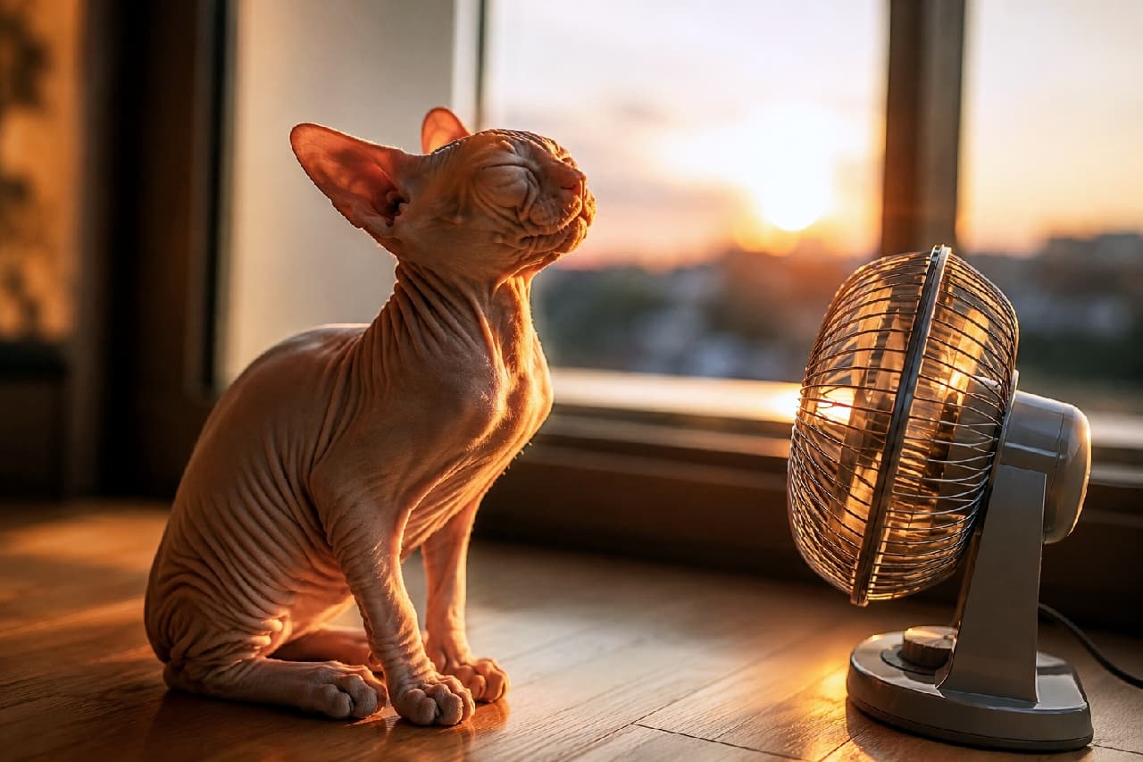 「極上の風を満喫中ニャ〜🌅夕日の中で風を感じてうっとり表情のスフィンクスちゃんに癒やされる…✨夏最高!」An ultra-realistic high-quality photograph of a hairless Sphynx kitten closing its eyes in bliss as it catches the breeze from an electric fan in front of a golden sunset window. 黄金色に輝く夕暮れの窓際で、白い小型扇風機の風を正面から浴びて気持ちよさそうに目を細めるスフィンクスの子猫。独特のシワのあるピンク色の皮膚が夕日に照らされて神秘的なシルエットを描き、温かい光と爽やかな風を感じさせる情景が豊かに表現されています