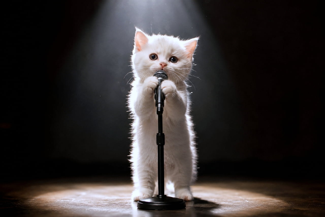「本日のメインボーカル登場!🎤スポットライトを浴びて熱唱中の白猫ちゃん♪天使の歌声が聞こえてきそう✨」An ultra-realistic high-quality photograph of a tiny, fluffy pure-white kitten standing on its hind legs under a dramatic top spotlight on a stage, holding a microphone with both paws as if singing passionately. 暗闇の中に輝く頭上のスポットライトを浴び、木製のステージで小さなマイクスタンドを両手でしっかり握りしめて立つ純白のふわふわ子猫。真ん丸な瞳と真剣な表情が光に包まれた幻想的なステージに映えています