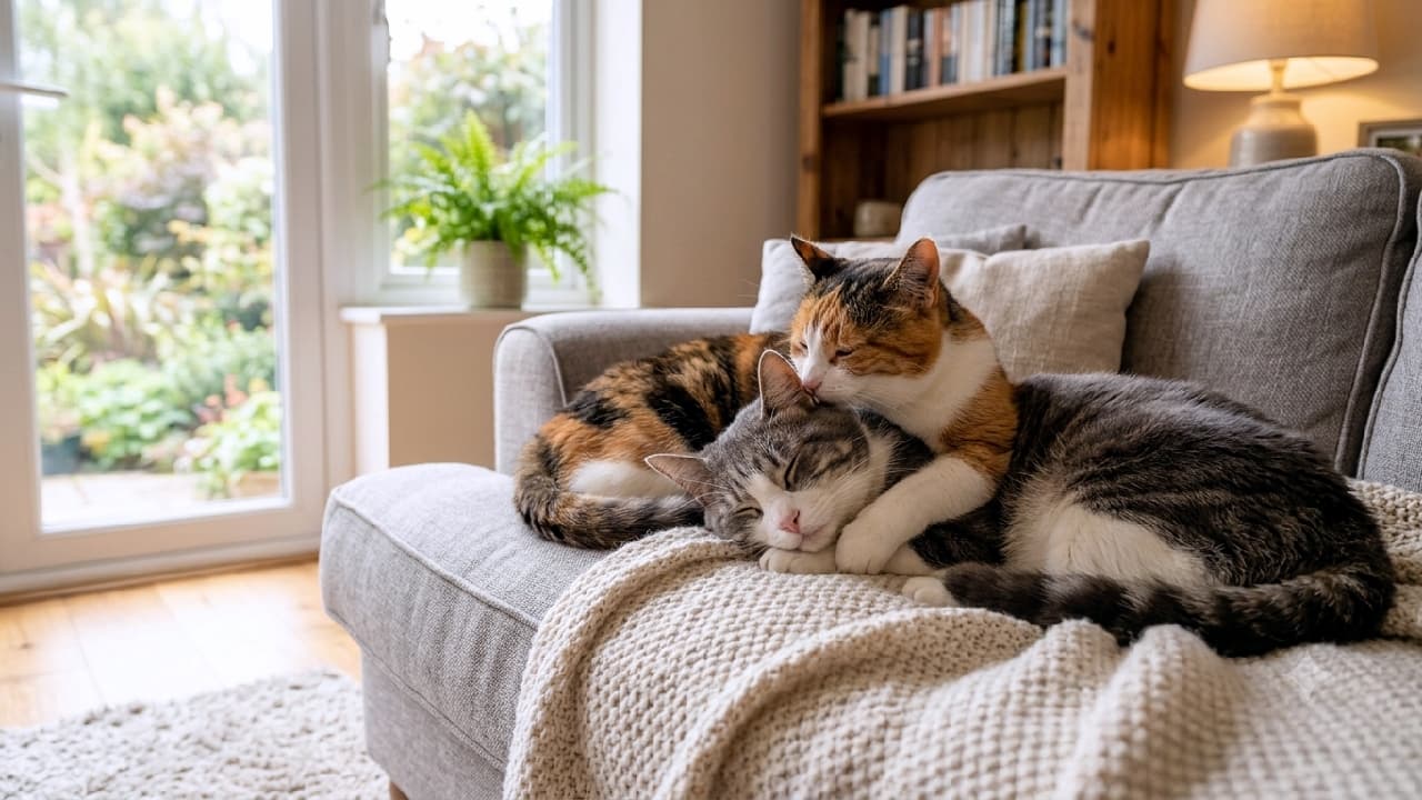 「「一生守るニャ!」って声が聞こえそう🥺ぎゅっとハグして離れない、尊すぎる親子猫の絆にキュン💖🌿 #ねこすたぐらむ #癒し #猫の愛 #猫好きさんと繋がりたい」Ultra-realistic high-quality photograph of a beautiful calico cat lovingly hugging a sleeping grey-and-white tabby cat on a cozy sofa with a textured knit blanket. The bright living room setting features natural window light, green plants, and a warm lamp in the soft background. 窓から明るい光が注ぐリビングのソファで、愛しい我が子を抱きしめるように腕を回す美しい三毛猫と、心地よさそうに目を閉じるサバ白のミックス猫。ふかふかのニットブランケットの質感と、背景の観葉植物や温かいランプの光が、親子の強い絆と平和な日常の空気を際立たせています