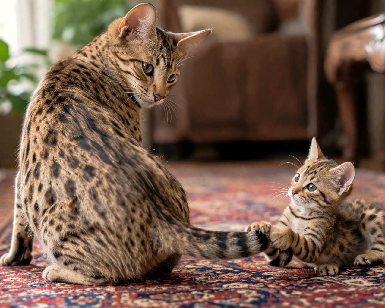 「「捕まえたにゃ!」ママのしっぽが大好きな甘えん坊さん🐾 🐆遊びに夢中な姿にキュン💖 #オシキャット #親子の絆 #親子猫 #ずっと一緒 #親バカ部 #癒やし #猫好きさんと繋がりたい」Ultra-realistic high-quality photograph of an Ocicat parent and kitten playing on a classic patterned rug. The adorable kitten playfully grabs the parent's long tail with its tiny paws, while the parent looks back with a gentle expression, showcasing their striking spotted tabby coats. アンティーク調のクラシックなラグの上で遊ぶオシキャットの親子。ヒョウ柄のような美しいスポッテッドタビーを持つ親猫が優しく振り返る中、小さな子猫が親猫の長い尻尾に小さな前足をかけて無邪気にじゃれつく、愛情あふれる微笑ましい日常のワンシーン