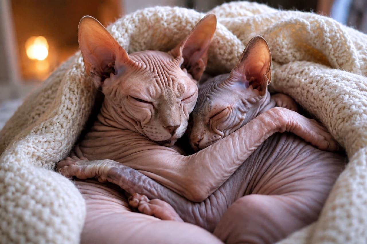 「ポカポカの暖炉の前で夢の中へ…💤 腕をギュッと絡めて絶対離れないニャ!🔥❤️ #猫のいる幸せ #ほっこり #スフィンクス #親子の絆 #親子猫 #ずっと一緒 #親バカ部 #癒やし #猫好きさんと繋がりたい」Ultra-realistic high-quality photograph of a Sphynx cat mother and kitten wrapped together in a cozy woven blanket with soft fireplace bokeh in the background. Their arms are intertwined in a deep embrace as they sleep peacefully in golden, warm ambient light. 暖炉の柔らかな炎の光がバックに浮かび上がる中で、白のニット毛布に包まれたスフィンクスの親子が、腕をしっかりと絡ませ合って寄り添い眠っています。親猫の深いシワと優しく閉じられた表情、子猫の小さな体が親猫の胸元にしっかりと収まる立体的な構図。滑らかな肌の質感と暖色のライティングが美しいコントラストを描き、静けさと圧倒的な安心感が漂う1点