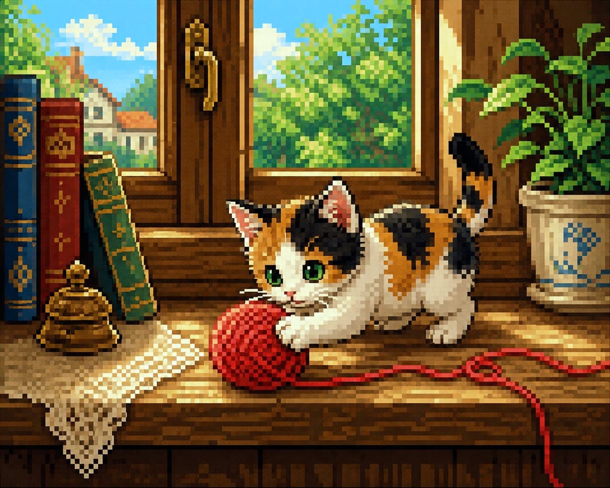 「ドット絵のノスタルジーに胸キュン🥺🎮 16bitの世界でも、毛糸玉に夢中な三毛猫ちゃんの可愛さは健在です🐈💕」16-bit pixel art illustration of a cute calico kitten playing with a red yarn ball on a windowsill. The nostalgic retro gaming style details the kitten's fur, a lace doily, books, and a peaceful view of trees and houses outside the window. High-quality pixel artwork. 16bitのピクセルアート(ドット絵)で描かれた三毛猫の子猫。レトロゲームのような温かみのあるドット表現で、レースの敷物や本が置かれた窓辺で赤い毛糸玉にじゃれるポーズが描かれています。窓の外には青空と緑の木々、レンガ屋根の家が見え、ノスタルジックで平和な情景が広がっています