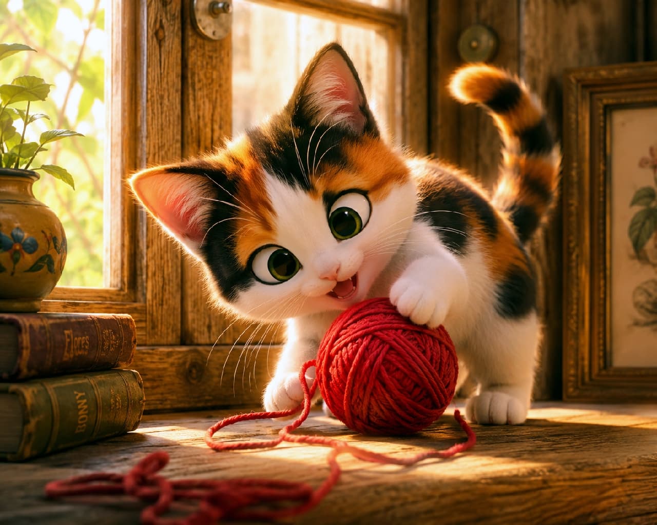 「3Dアニメの世界から飛び出してきたみたい🎬✨ キラキラおめめの三毛猫ちゃんと一緒に遊びませんか?🐈🧶」High-quality 3D animation movie style illustration of a fluffy calico kitten happily playing with a red yarn ball on an antique wooden windowsill. The golden sunset illuminates its big emerald green eyes and detailed fur, with vintage books and plants in the background. Ultra-realistic high-quality 3D artwork. 高品質な3Dアニメーション映画風の三毛猫の子猫。暖かな夕日(ゴールデンアワー)が差し込むアンティークな木の窓辺で、真っ赤な毛糸玉に前足を乗せ、大きなエメラルドグリーンの瞳を輝かせて喜ぶ表情が描かれています。ふんわりとした毛並みや、背景の古い洋書や植物のディテールまで緻密に表現されています