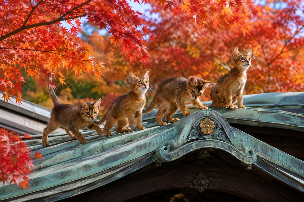 「紅葉のアーチをくぐって、小さな探検隊が出発進行!🐈💨緑の屋根とアビシニアンちゃんのコントラストが芸術的🎨 #アビシニアン #紅葉 #猫のいる風景」Ultra-realistic high-quality photograph of four Abyssinian kittens with radiant ruddy coats walking along an oxidized green copper roof, beautifully framed by vibrant, fiery red autumn maple leaves and soft dappled sunlight. 鮮烈な赤に色づいた紅葉の枝下で、緑青の浮き出た美しい銅板屋根の上を連れ立って歩く4匹のアビシニアンの子猫たち。光沢のあるルディ(赤褐色)のティッキング被毛と大きな耳が、秋の柔らかな木漏れ日の中で黄金色に輝いています