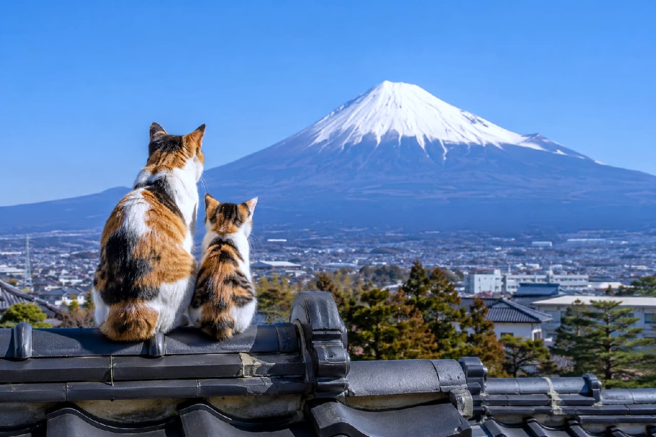 「日本に生まれてよかったニャ〜🍵富士山を並んで眺める三毛猫親子の後ろ姿に、ほっこり癒される休日🗻✨ #三毛猫 #富士山 #猫のいる風景」Ultra-realistic high-quality photograph of a calico mother cat and her kitten sitting side-by-side on a traditional Japanese tiled roof, gazing at a majestic, snow-capped Mount Fuji under a clear blue sky. 雲一つない青空と雪化粧をした雄大な富士山を正面に望みながら、立派な日本家屋の瓦屋根に並んで後ろ姿を見せる三毛猫の親と子猫。美しい黒・茶・白のトライカラーの被毛が、清々しい日本の絶景に見事に映える一枚