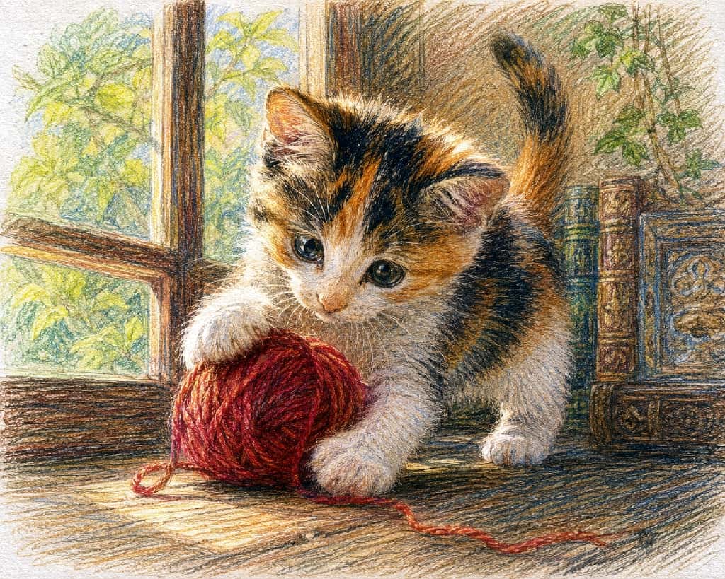 「ぽかぽか陽気の窓辺で毛糸玉に夢中🧶✨ 色鉛筆の優しいタッチに癒される、三毛猫ちゃんの無邪気なひとときです🐈💕」Color pencil drawing style illustration of a fluffy calico kitten playing with a red ball of yarn on an antique windowsill bathed in warm sunlight, with vintage books and plants in the background. Ultra-realistic high-quality artwork. 暖かな日差しが差し込むアンティークな窓辺で、大きな赤い毛糸玉に両前足を乗せて見つめる三毛猫(キャリコ)の子猫。黒・茶・白の美しい被毛の質感や、真剣で無垢な瞳が繊細な色鉛筆画のタッチで温かく描かれており、背景には古い本や植物が美しく配置されています