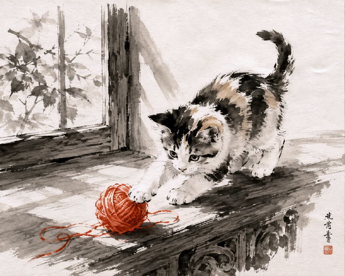 「墨のグラデーションに赤の毛糸玉が映える!🎨 毛糸玉を狙う三毛猫ちゃんの真剣なお顔がたまらない🐈🔥」Ink wash painting (Sumi-e) style illustration of a calico kitten stretching to catch a red yarn ball on a rustic wooden windowsill. The striking contrast between the monochromatic ink brushstrokes and the bright red yarn highlights the dynamic movement. Ultra-realistic high-quality artwork. 力強くも繊細な水墨画(墨絵)のタッチで描かれた三毛猫の子猫。墨のグラデーションで表現された三毛の模様と、鮮やかな赤い毛糸玉のコントラストが目を引きます。古い木の窓枠を背景に、毛糸玉に向かって前足をぐっと伸ばし、真剣な眼差しで見つめる瞬間の躍動感が見事に捉えられています